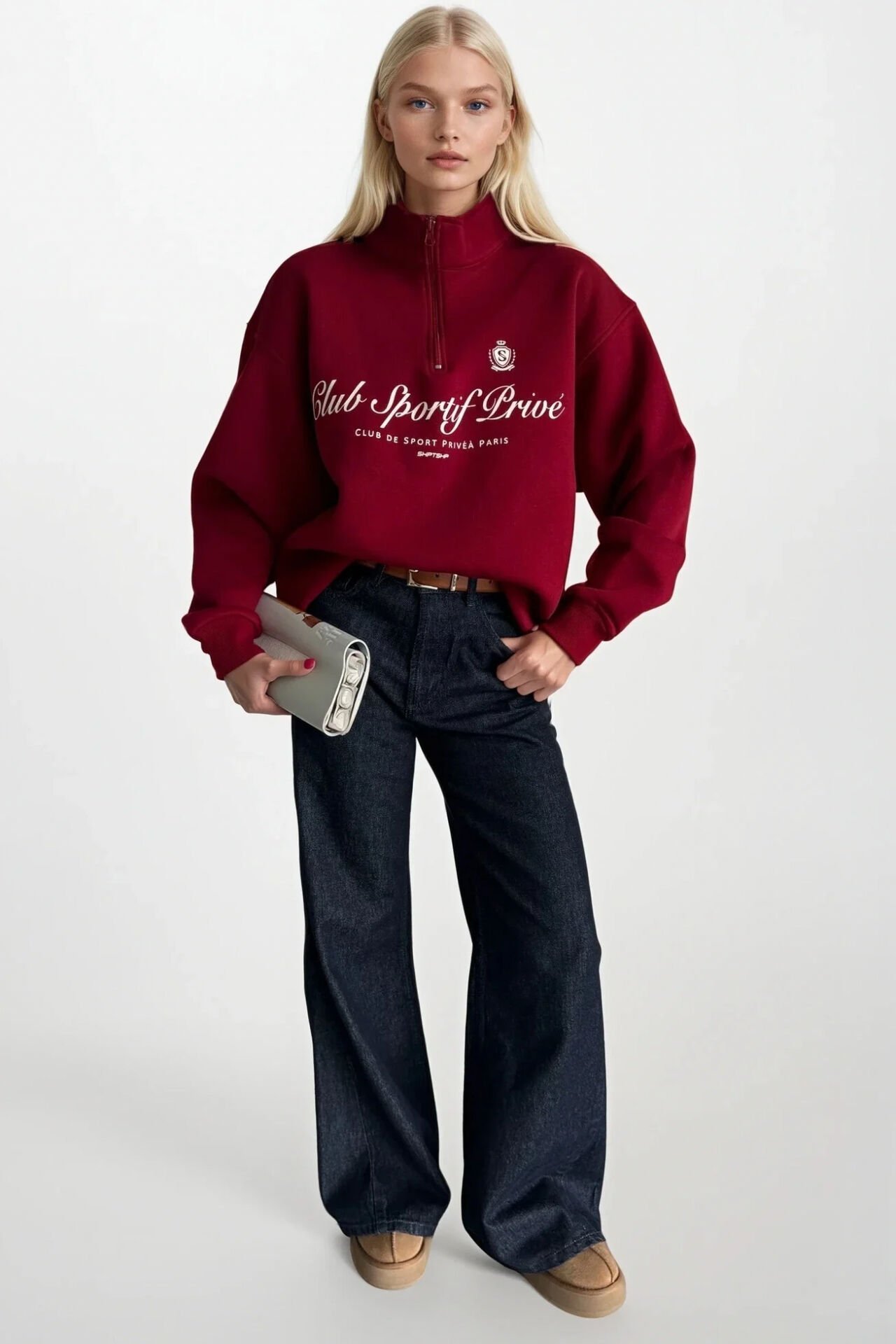 Toptan Fermuar Detay Baskılı Bordo Sweatshirt