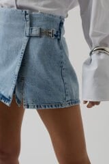 Wholesale Belt Detail Denim Blue Shorts Skirt