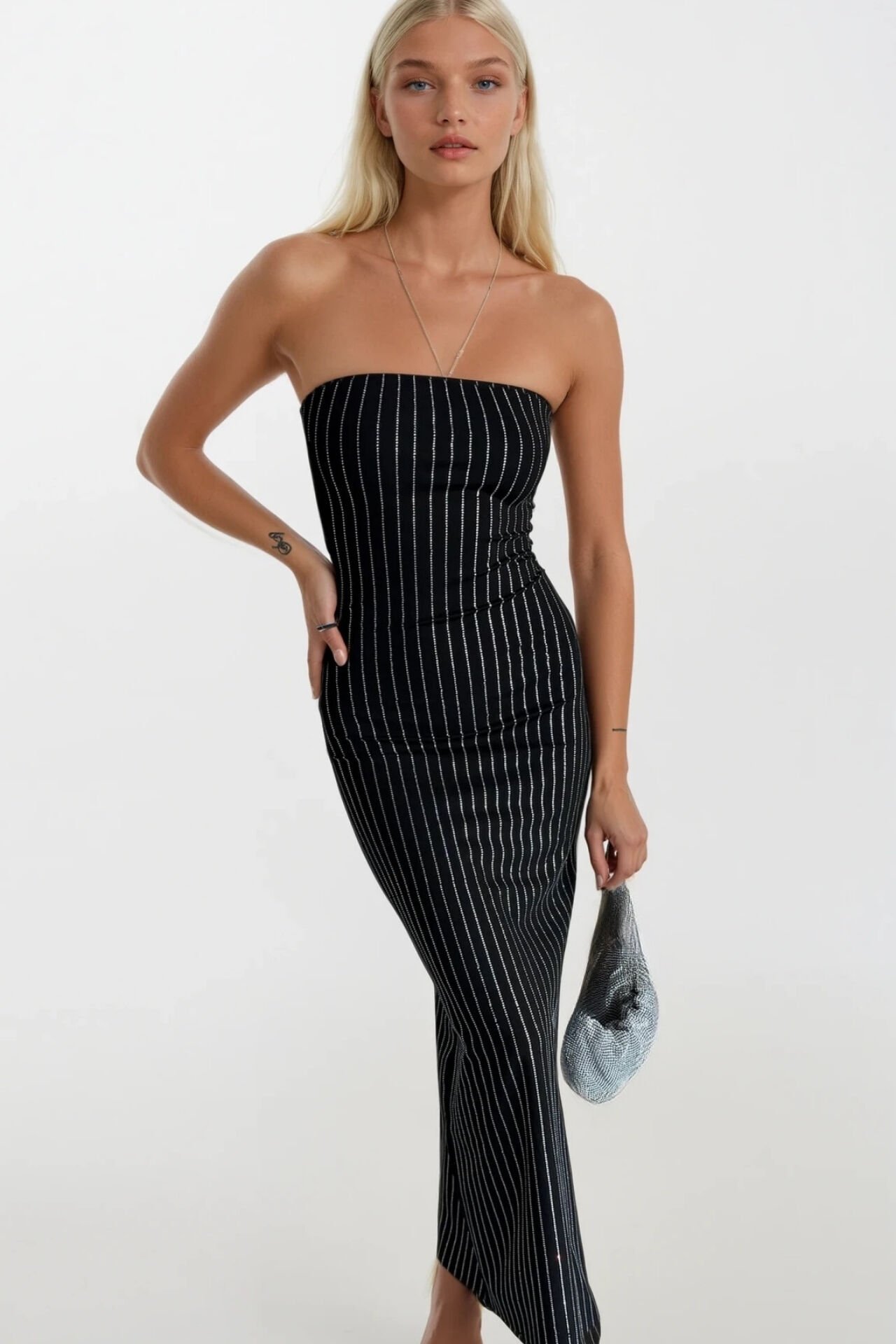 Toptan Taş İşlemeli Straplez Siyah Maxi Elbise