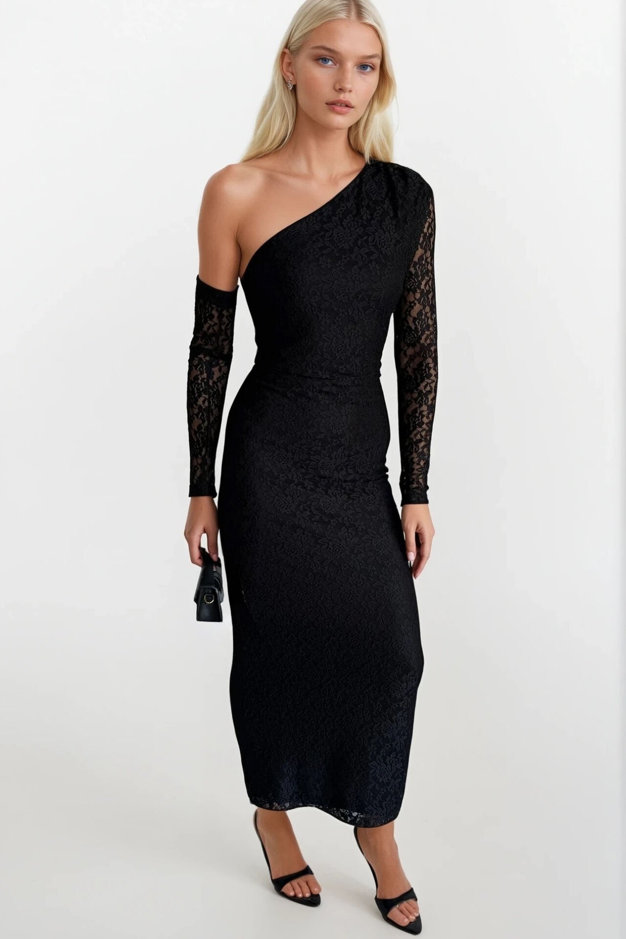 Toptan Tek Omuz Kol Aksesuar Detay Siyah Maxi Güpür Elbise