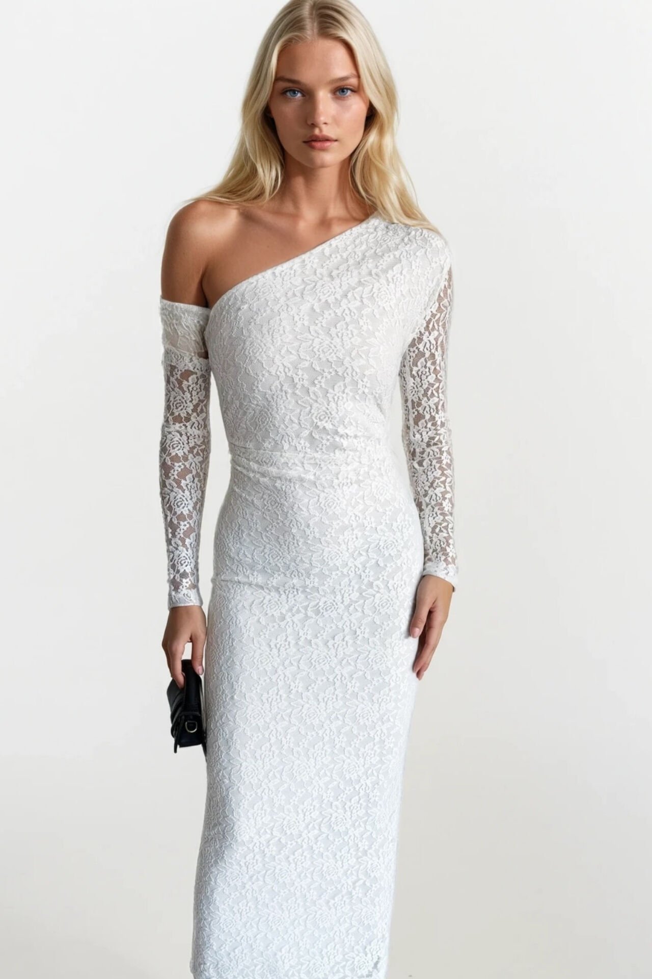 Toptan Tek Omuz Kol Aksesuar Detay Beyaz Maxi Güpür Elbise