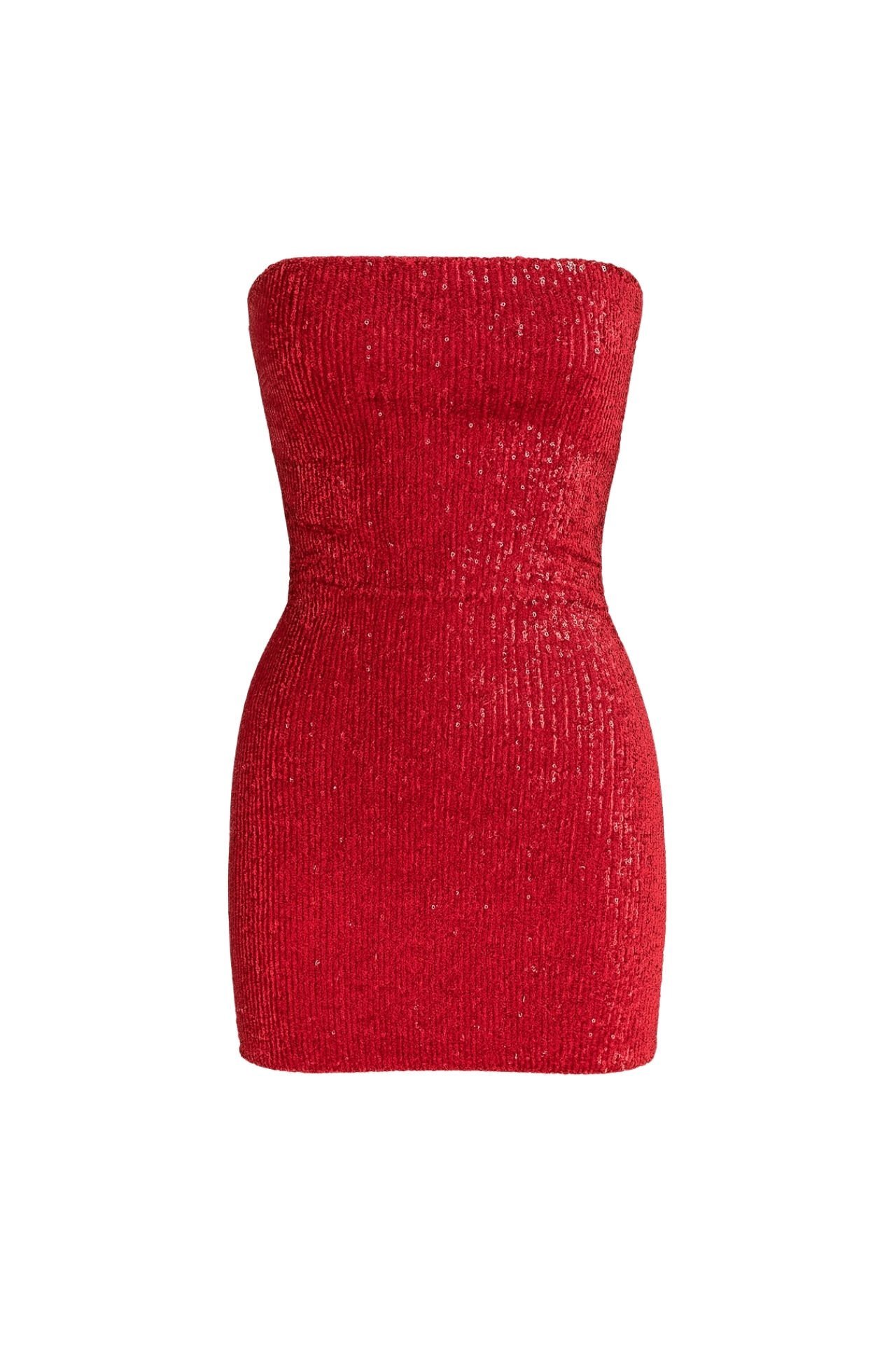 Toptan Payetli Straplez Kırmızı Mini Elbise