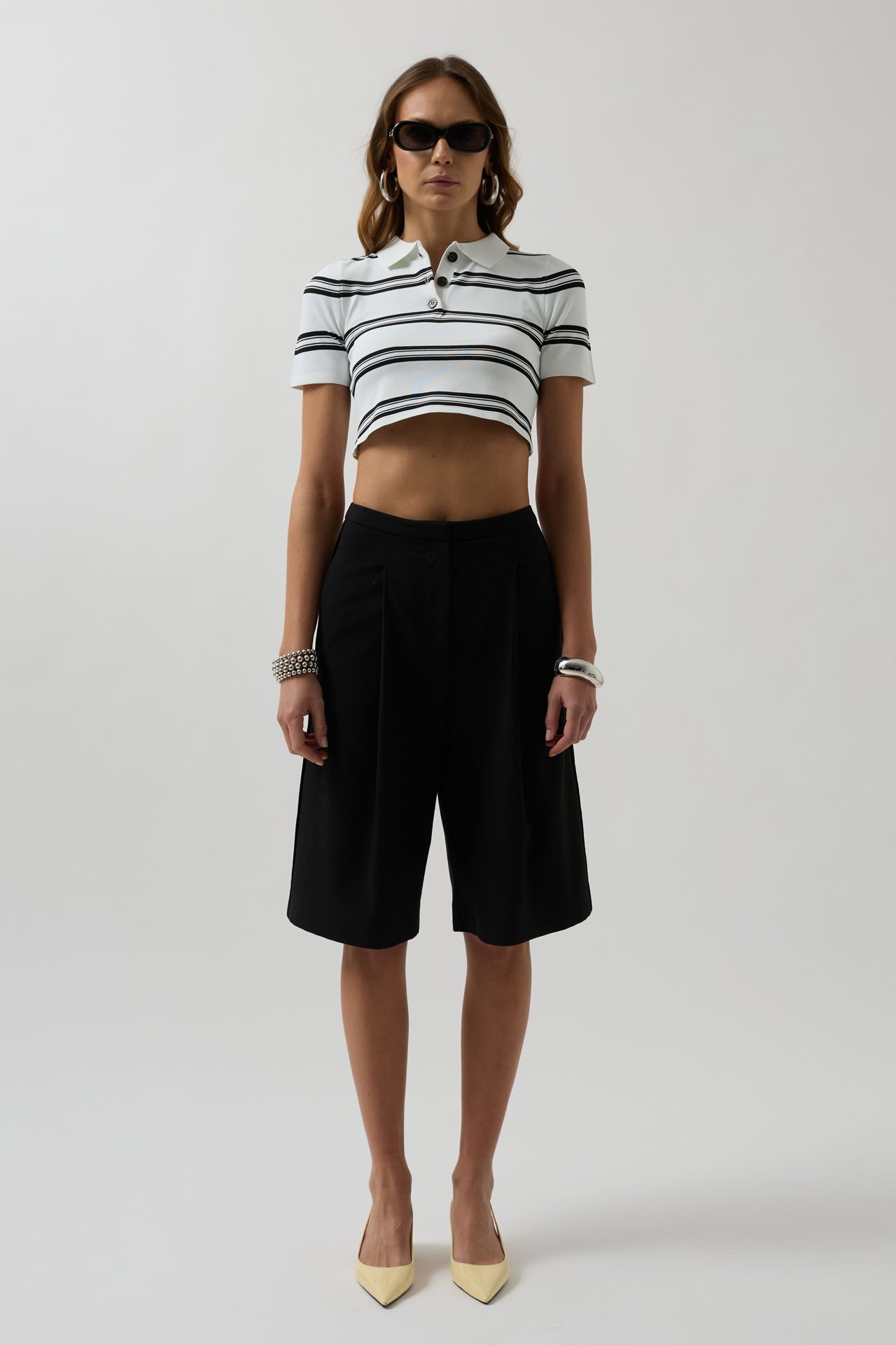 Toptan Polo Yaka Crop Beyaz T-Shirt