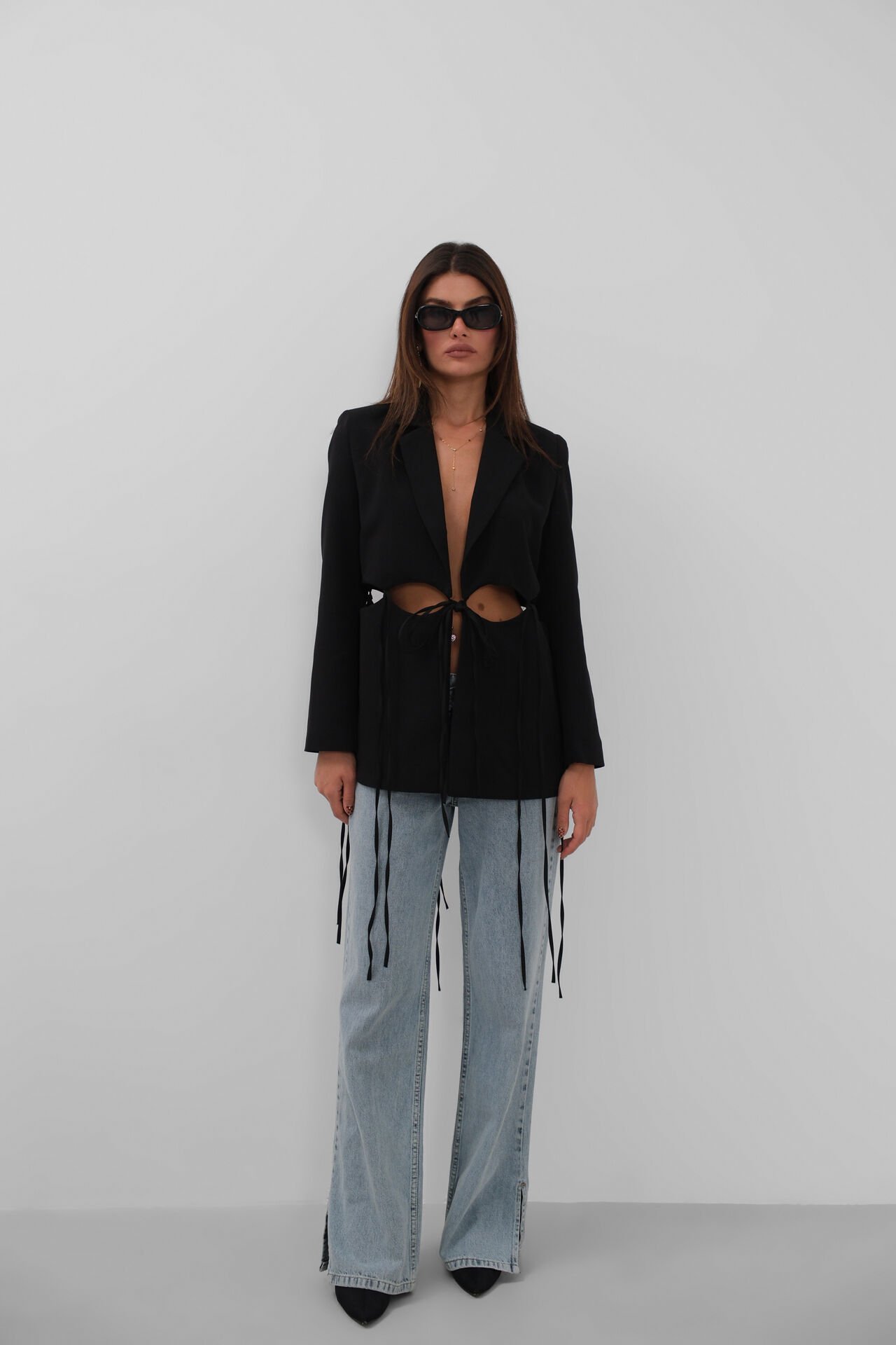 Toptan Bağcık Detaylı Tasarım Siyah Ceket