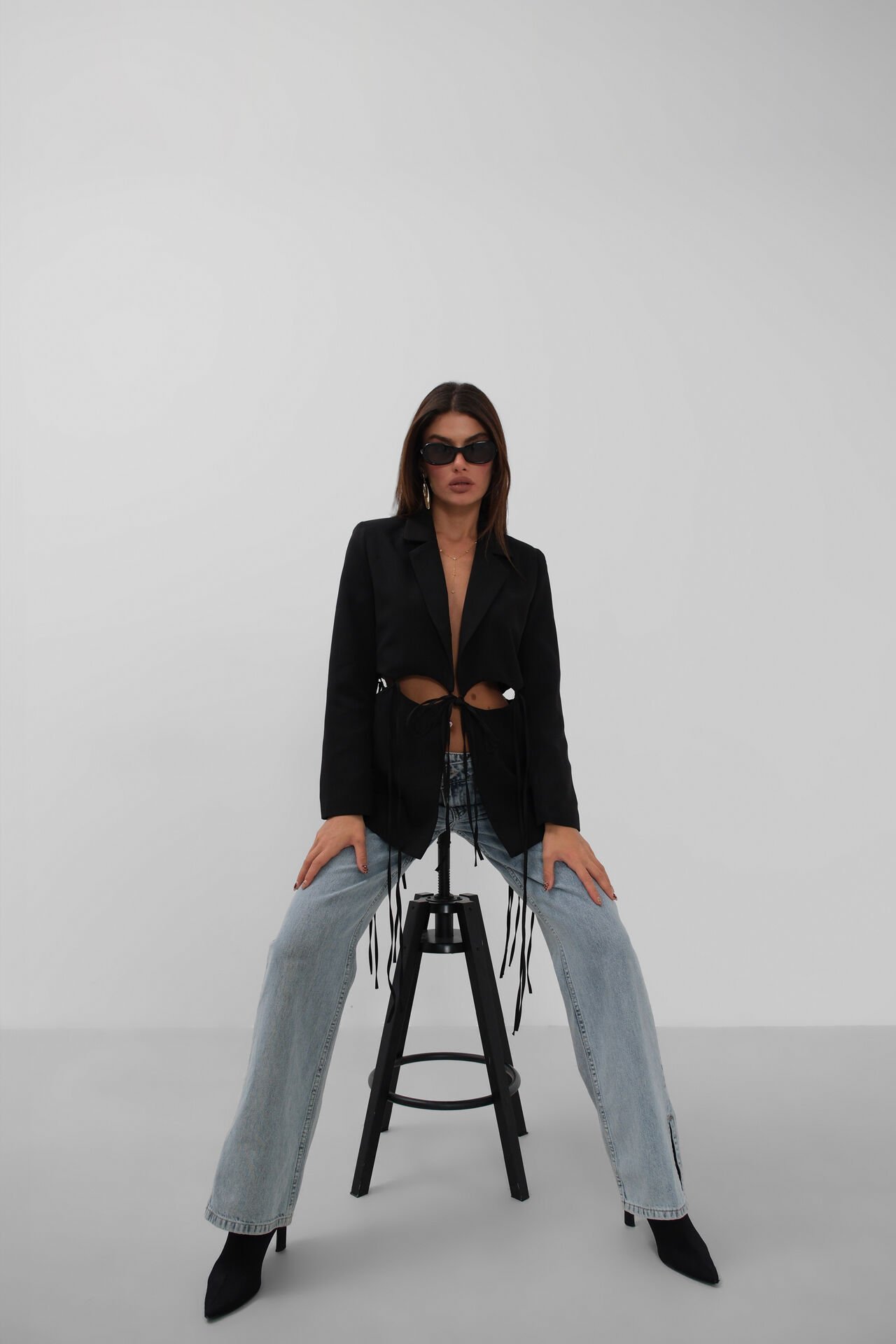 Toptan Bağcık Detaylı Tasarım Siyah Ceket