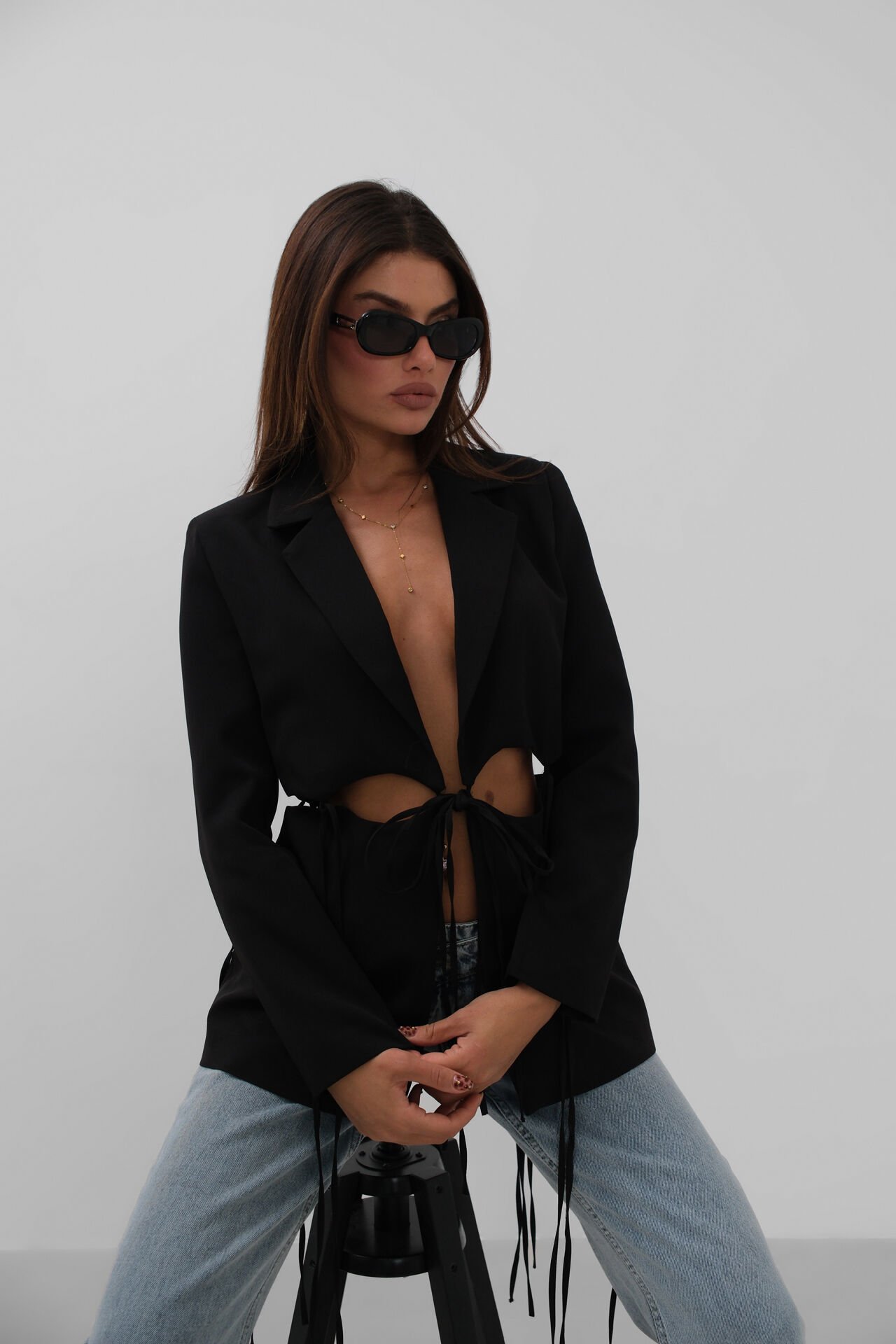 Toptan Bağcık Detaylı Tasarım Siyah Ceket