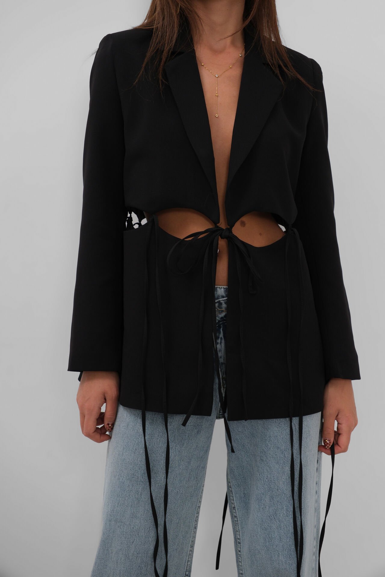 Toptan Bağcık Detaylı Tasarım Siyah Ceket