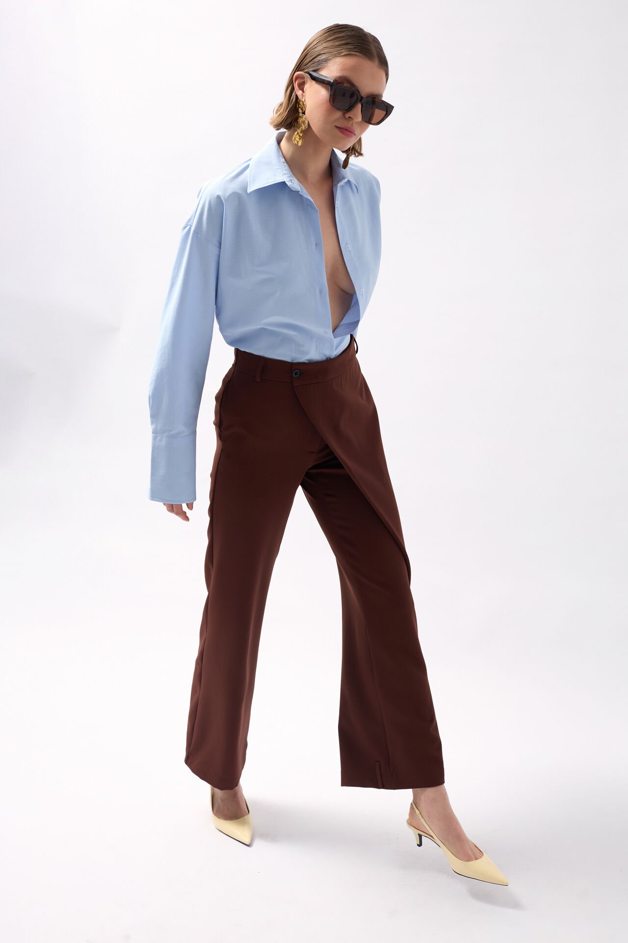 Wholesale Wrap Detail Asymmetric Brown Trousers