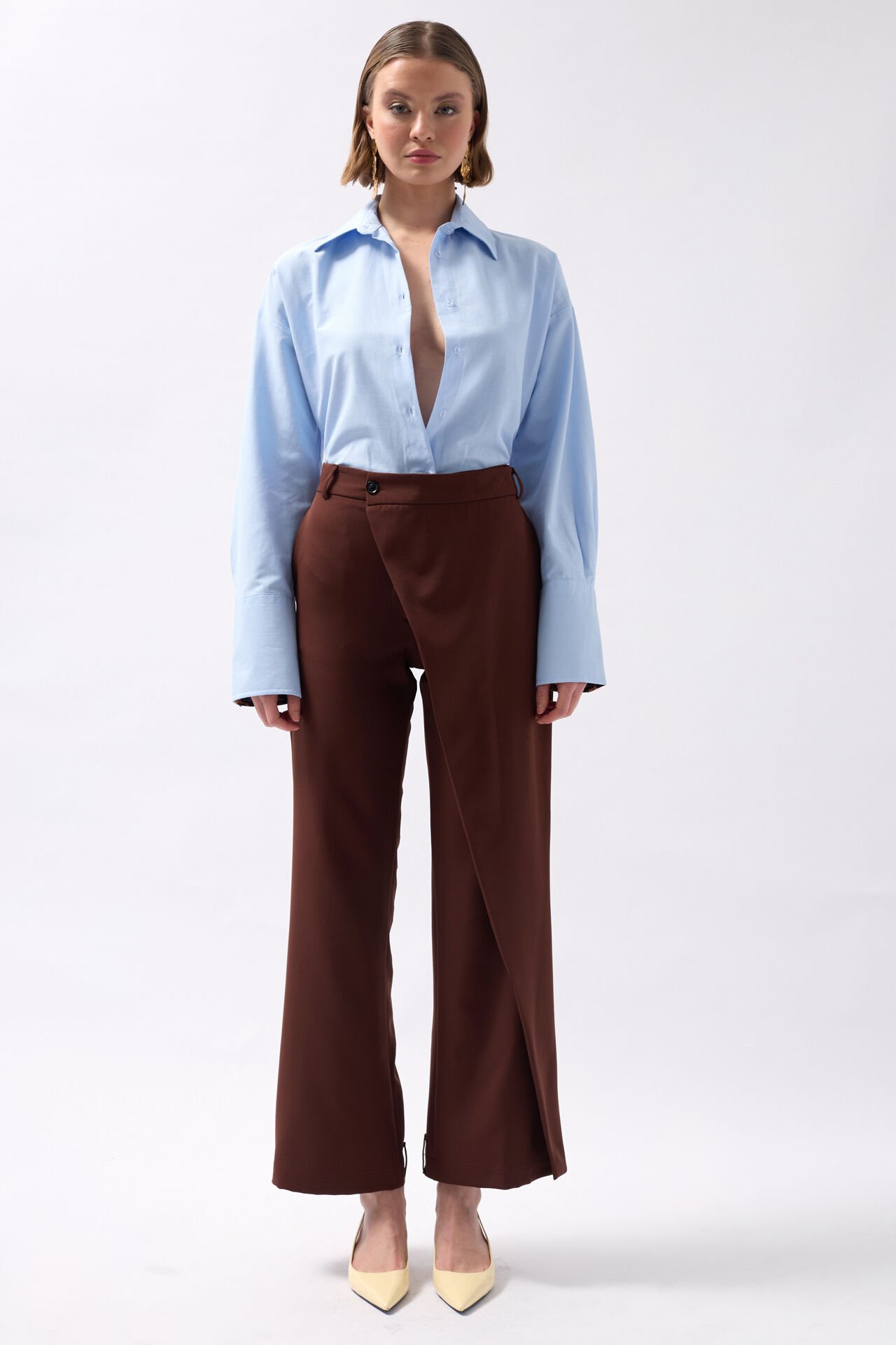 Wholesale Wrap Detail Asymmetric Brown Trousers