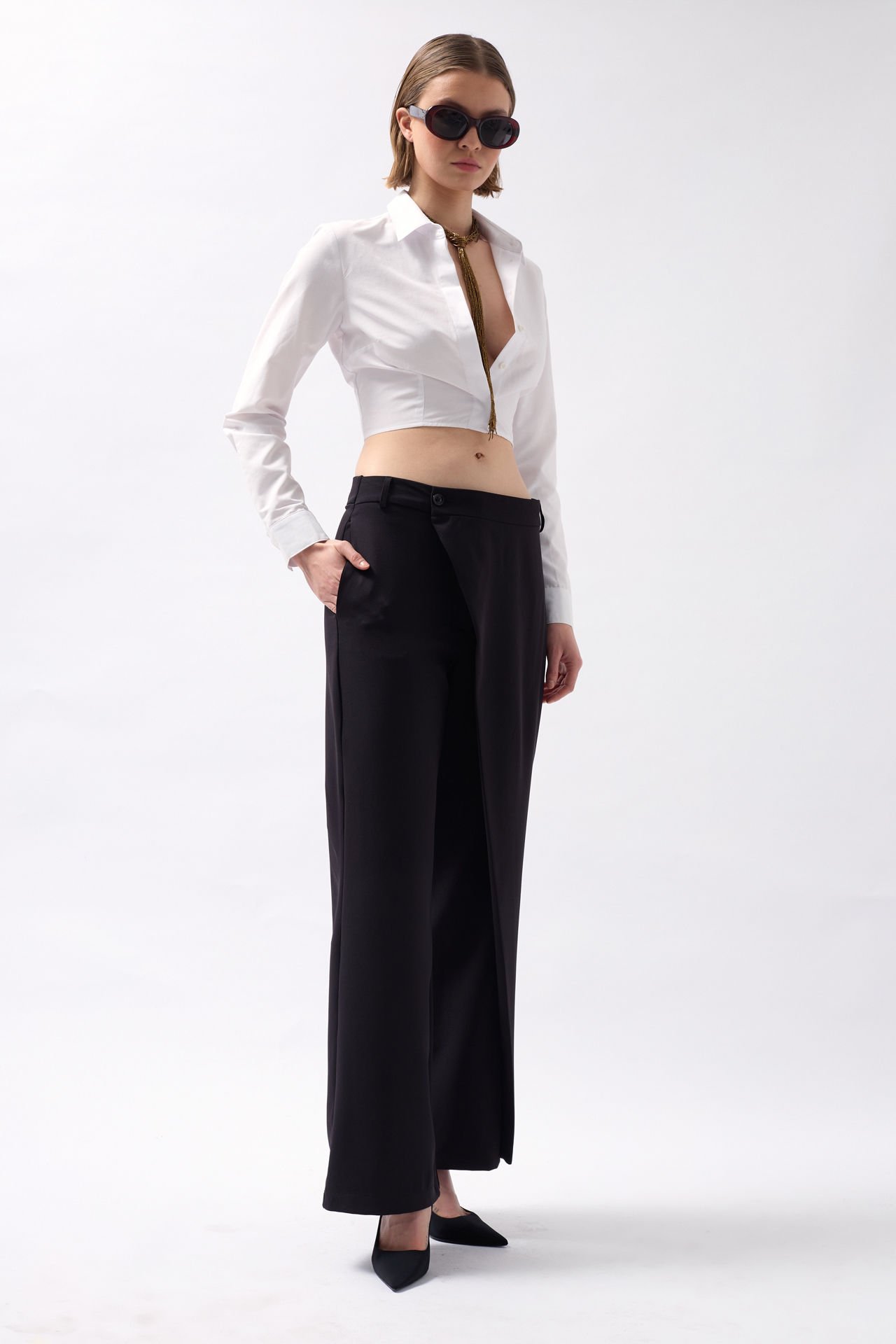 Wholesale Wrap Detail Asymmetric Black Trousers