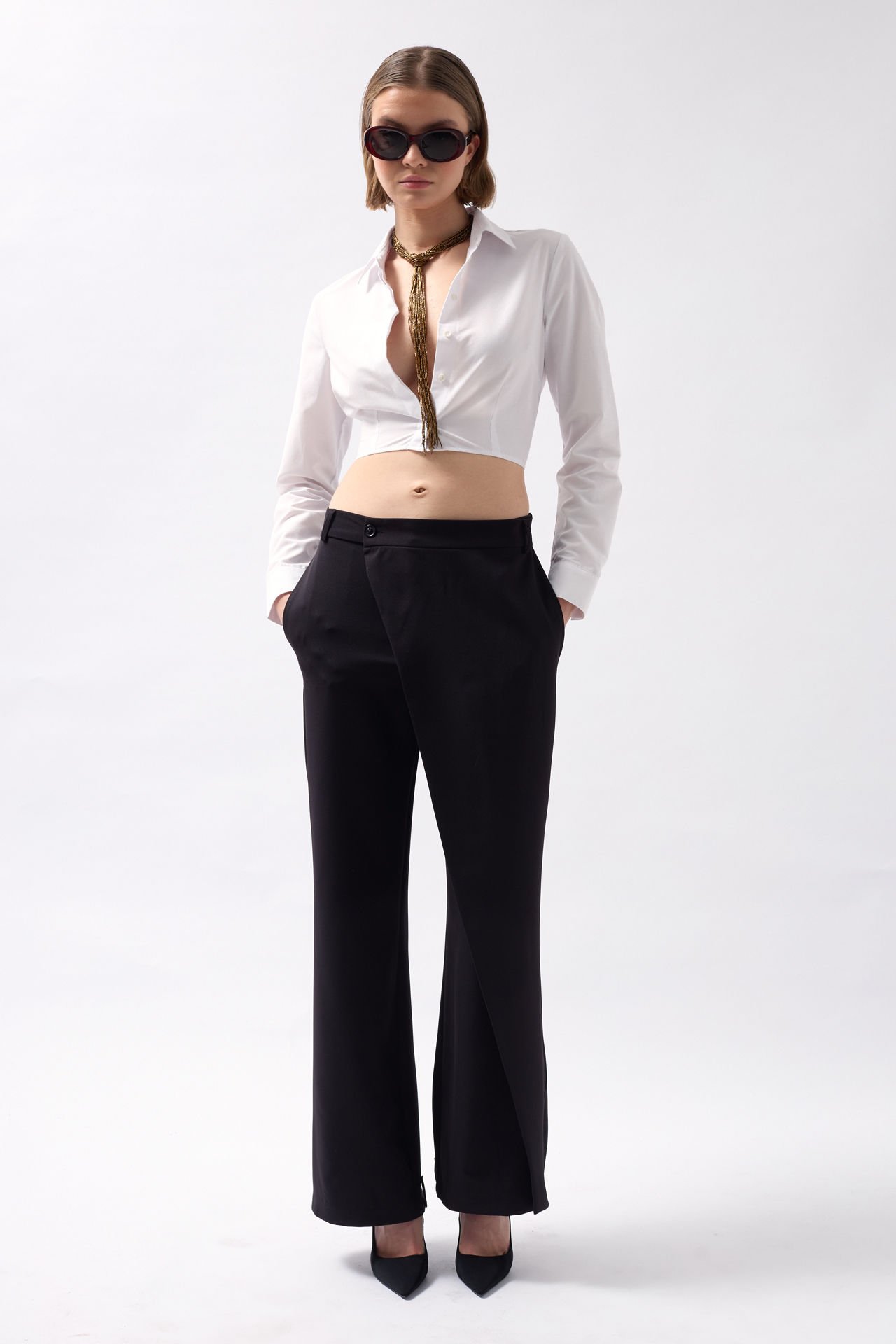 Wholesale Wrap Detail Asymmetric Black Trousers
