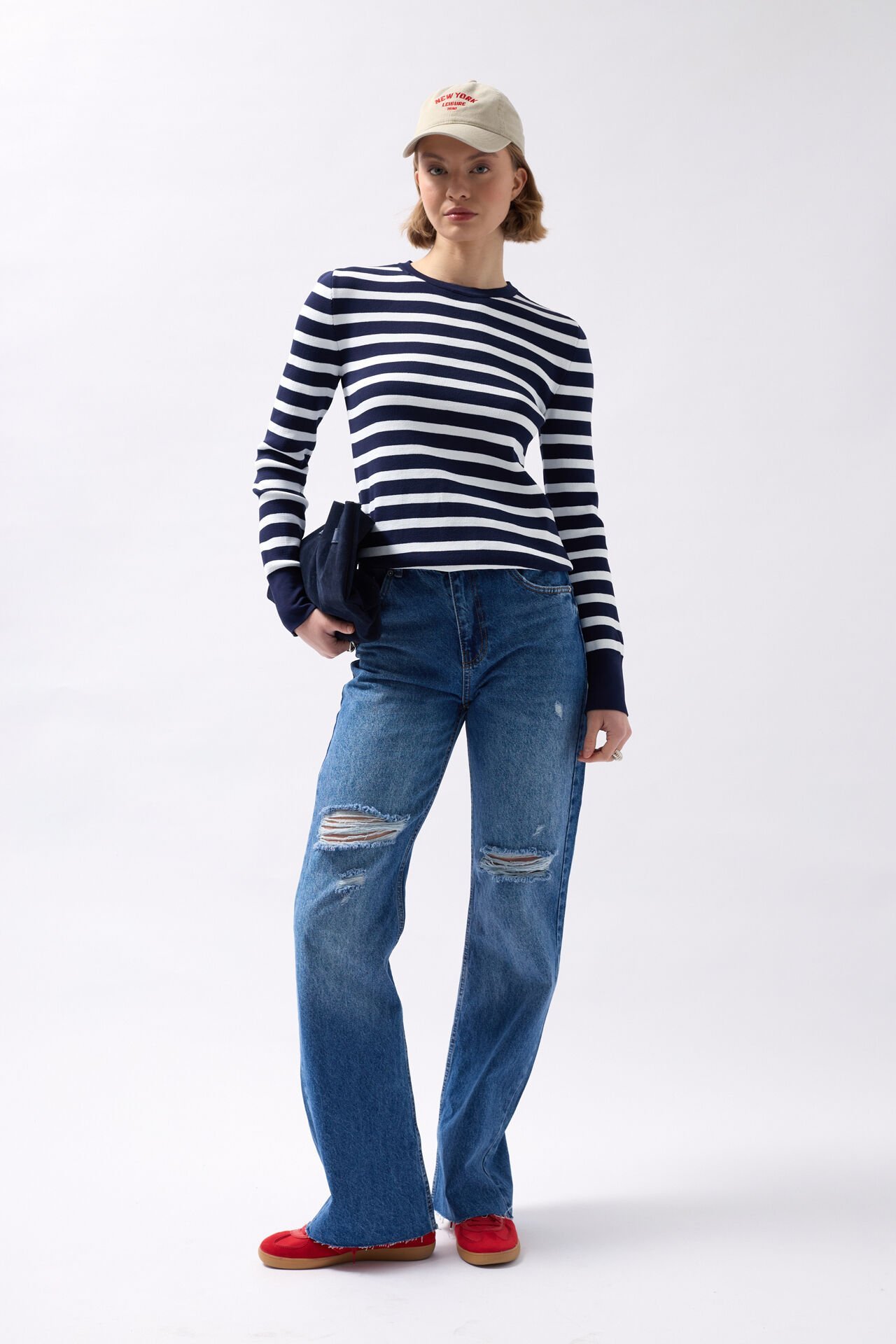 Wholesale Crew Neck Striped White-Navy Blue Blouse