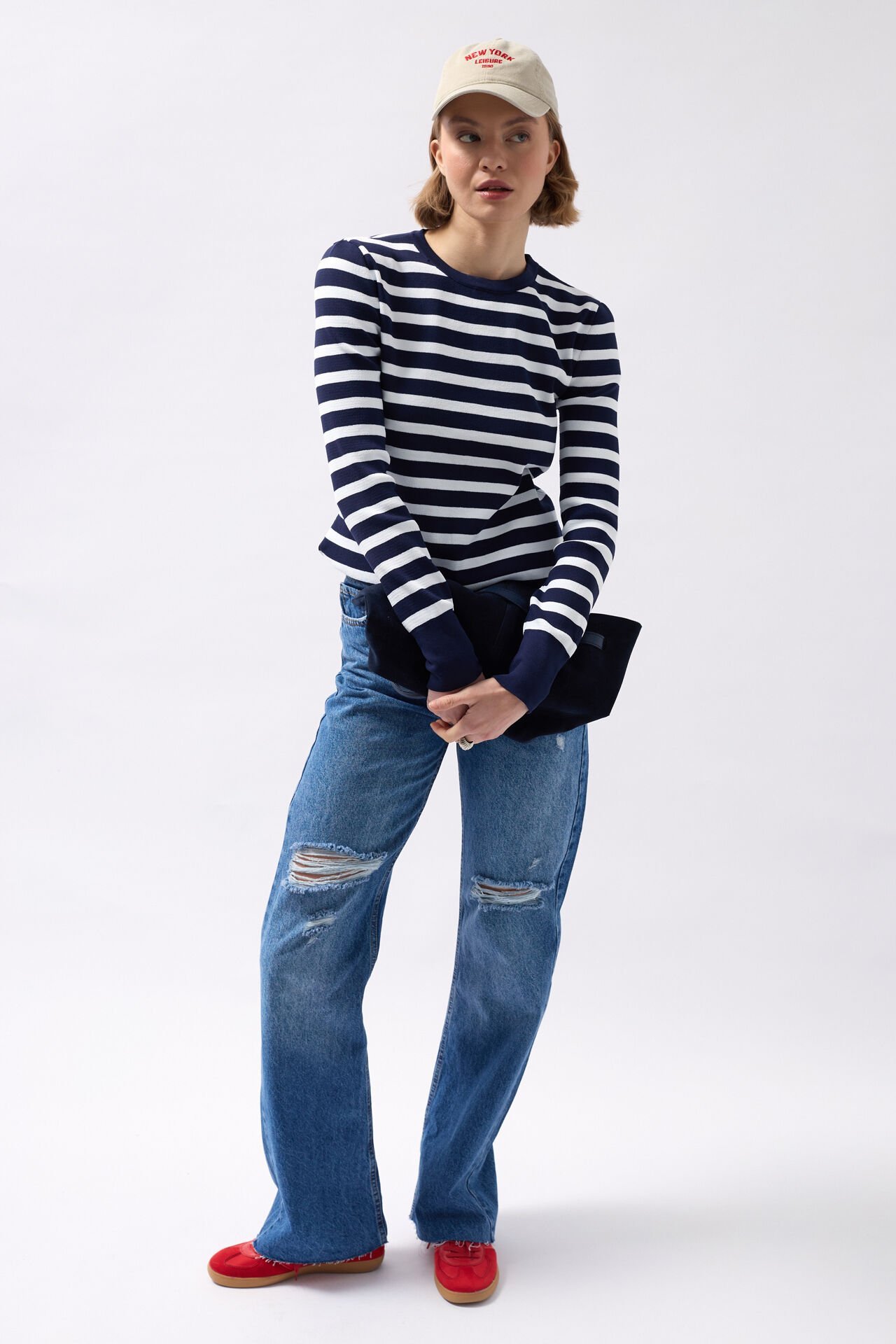 Wholesale Crew Neck Striped White-Navy Blue Blouse