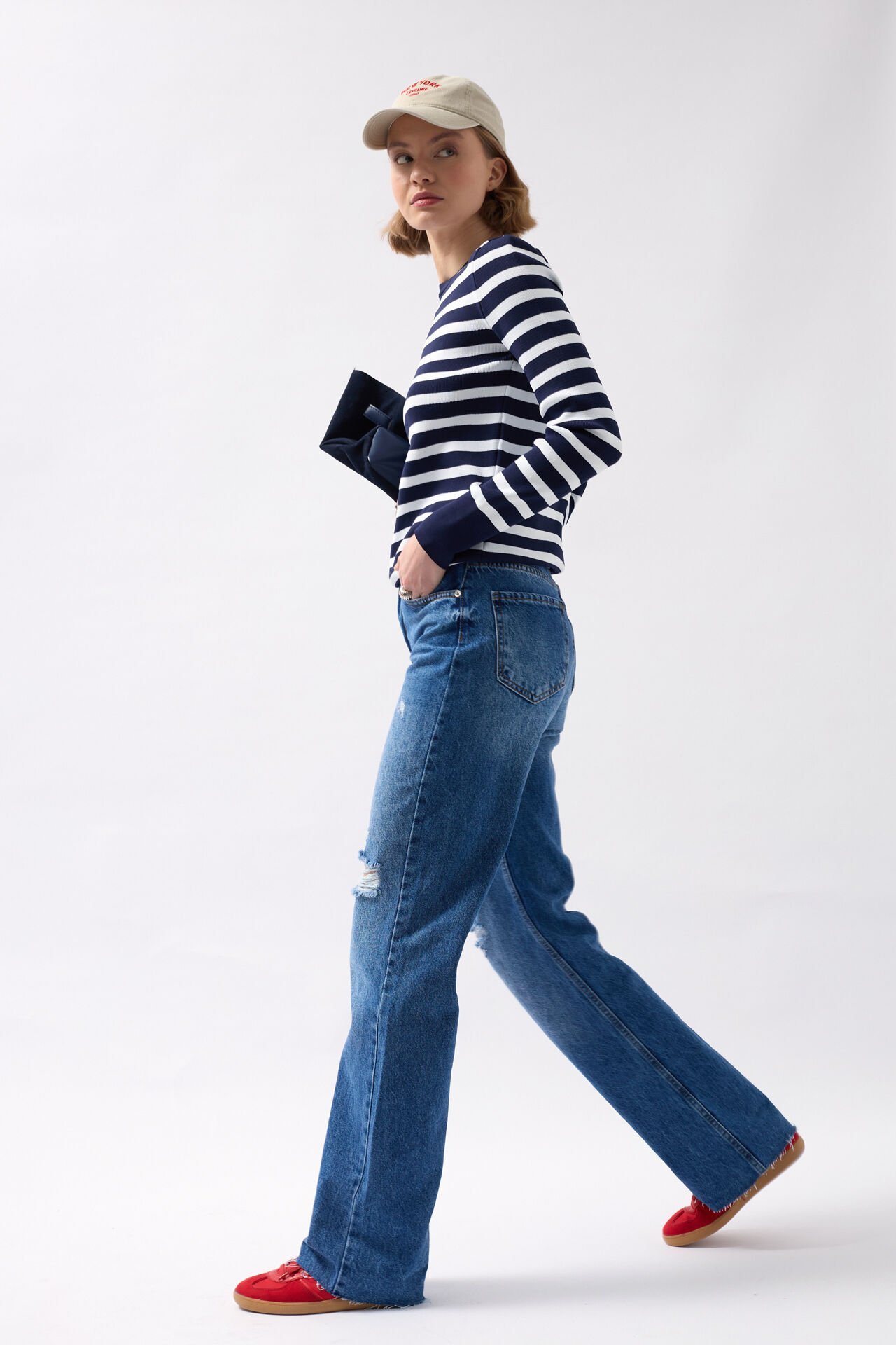 Wholesale Crew Neck Striped White-Navy Blue Blouse
