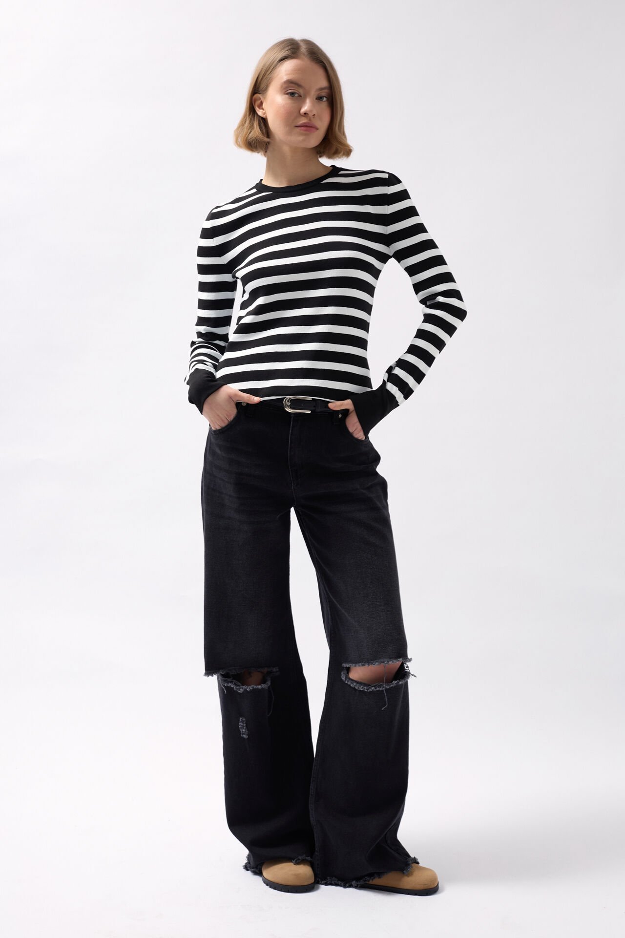 Wholesale Crew Neck Striped Black-White Blouse