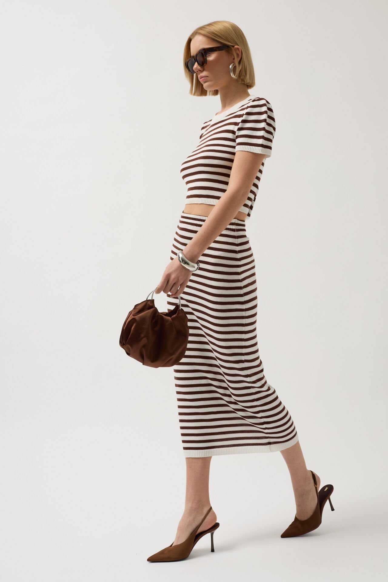 Wholesale Striped Midi Textured White Brown Skirt