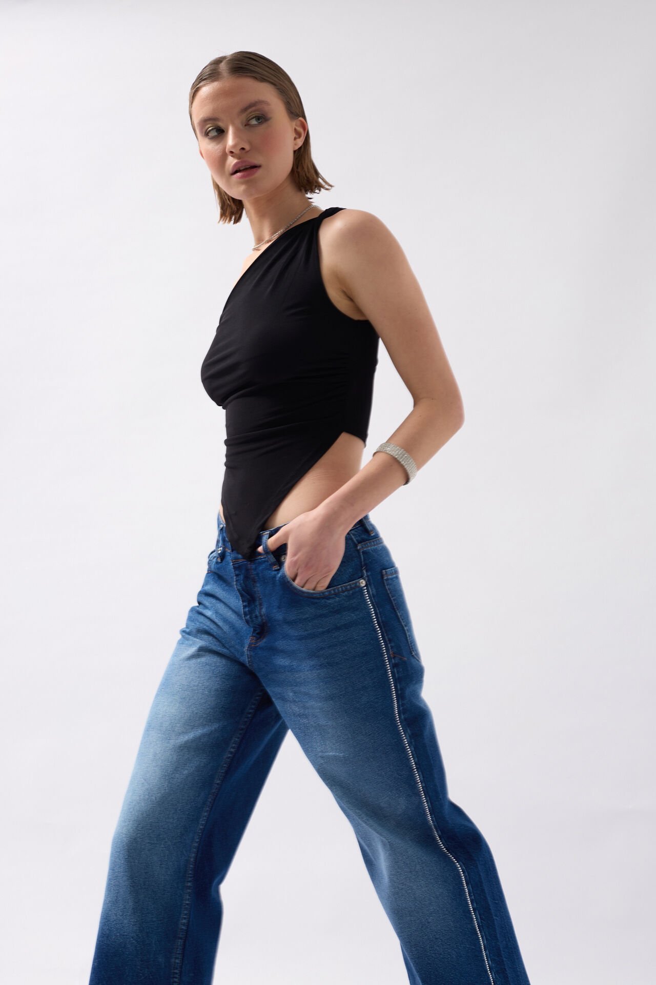 Wholesale Stone Stripe Detailed Blue Jeans