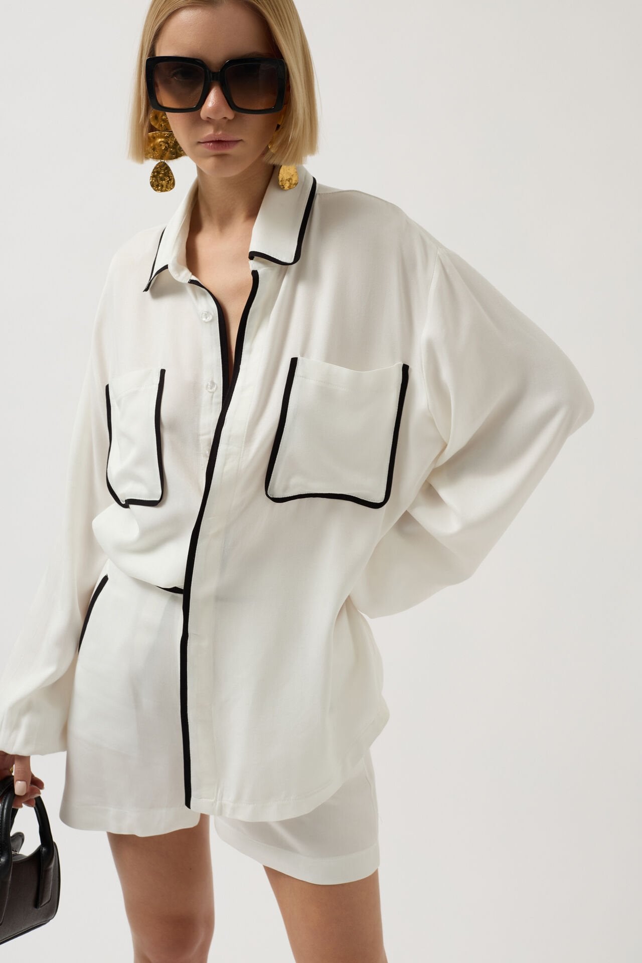 Toptan Cep Detay Ekru Oversize Gömlek