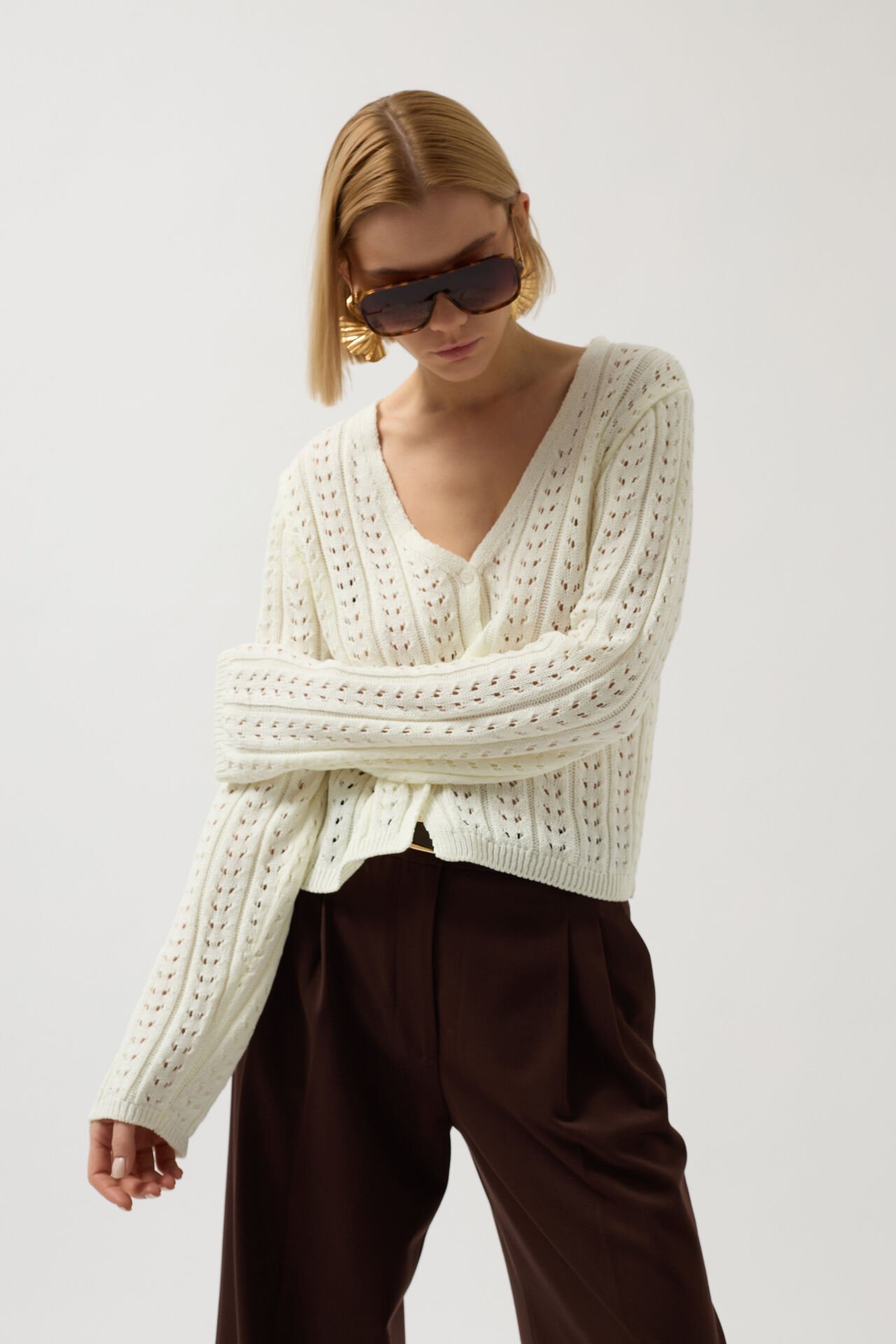 Wholesale Button Detail Knitted Ecru Blouse