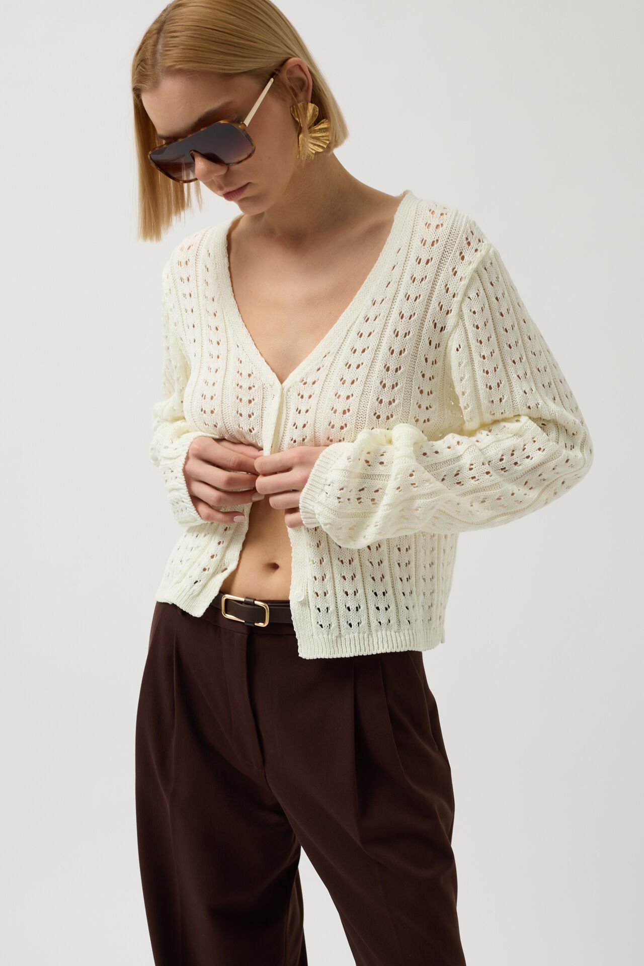 Wholesale Button Detail Knitted Ecru Blouse