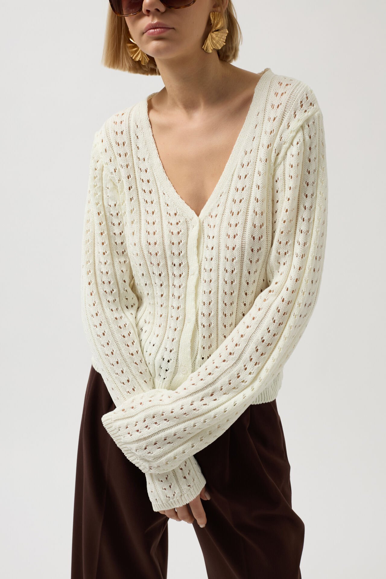 Wholesale Button Detail Knitted Ecru Blouse