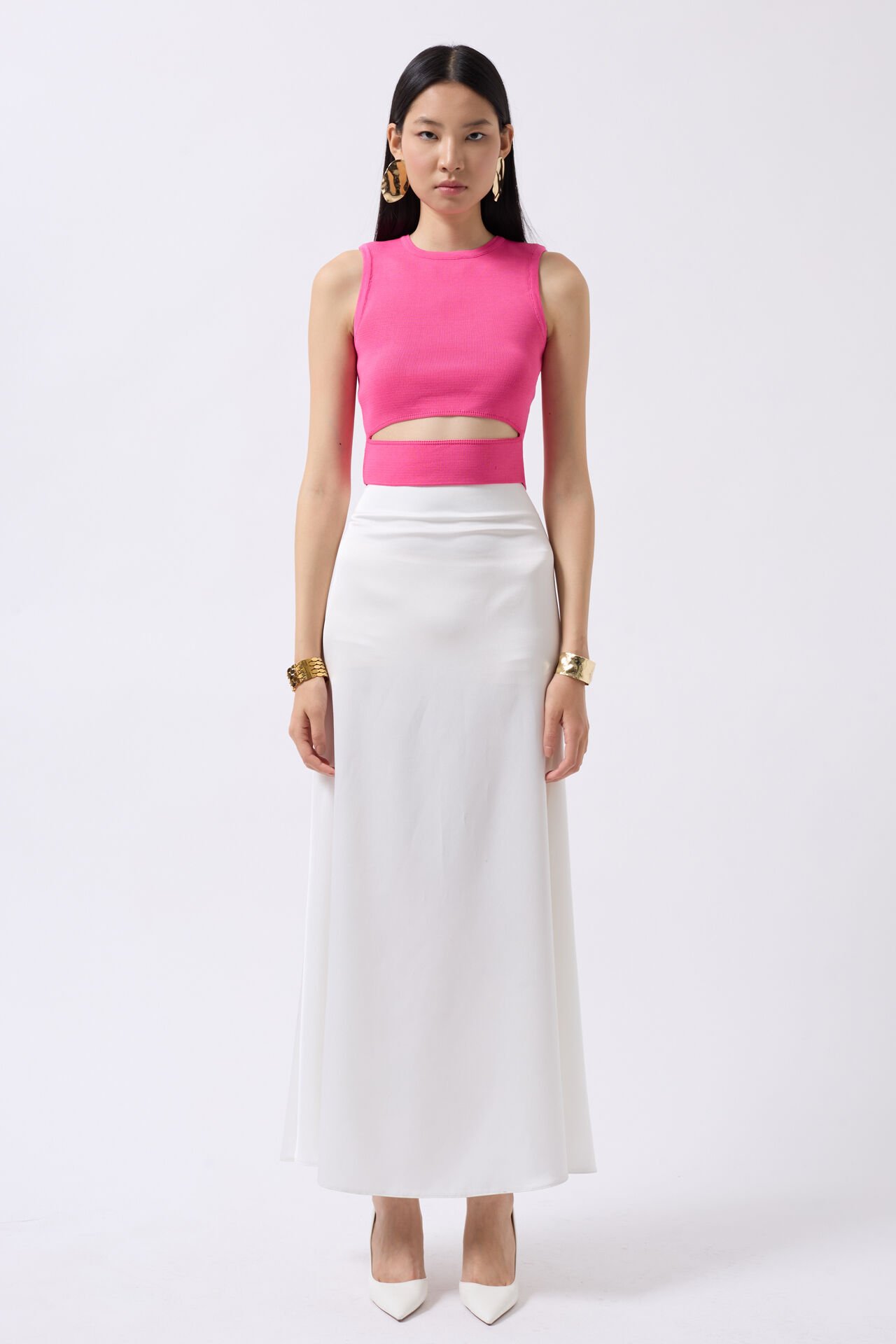 Toptan Pencere Detay Pembe Triko Bluz