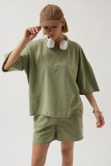 Toptan Oversize Lazer Kesim Bisiklet Yaka Haki T-Shirt