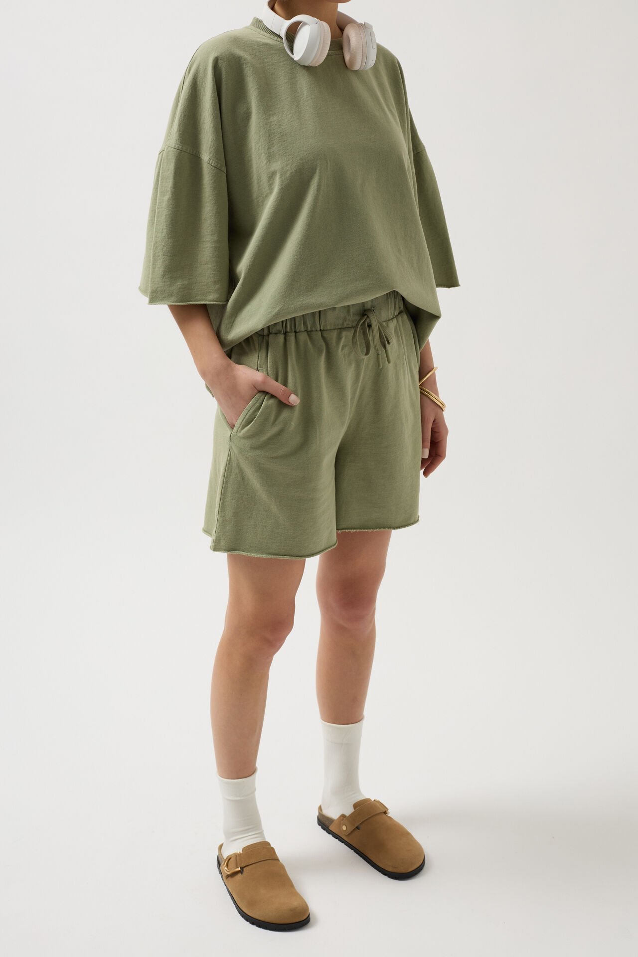 Toptan Oversize Lazer Kesim Bisiklet Yaka Haki T-Shirt