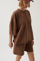 Toptan Oversize Lazer Kesim Bisiklet Yaka Kahverengi T-Shirt