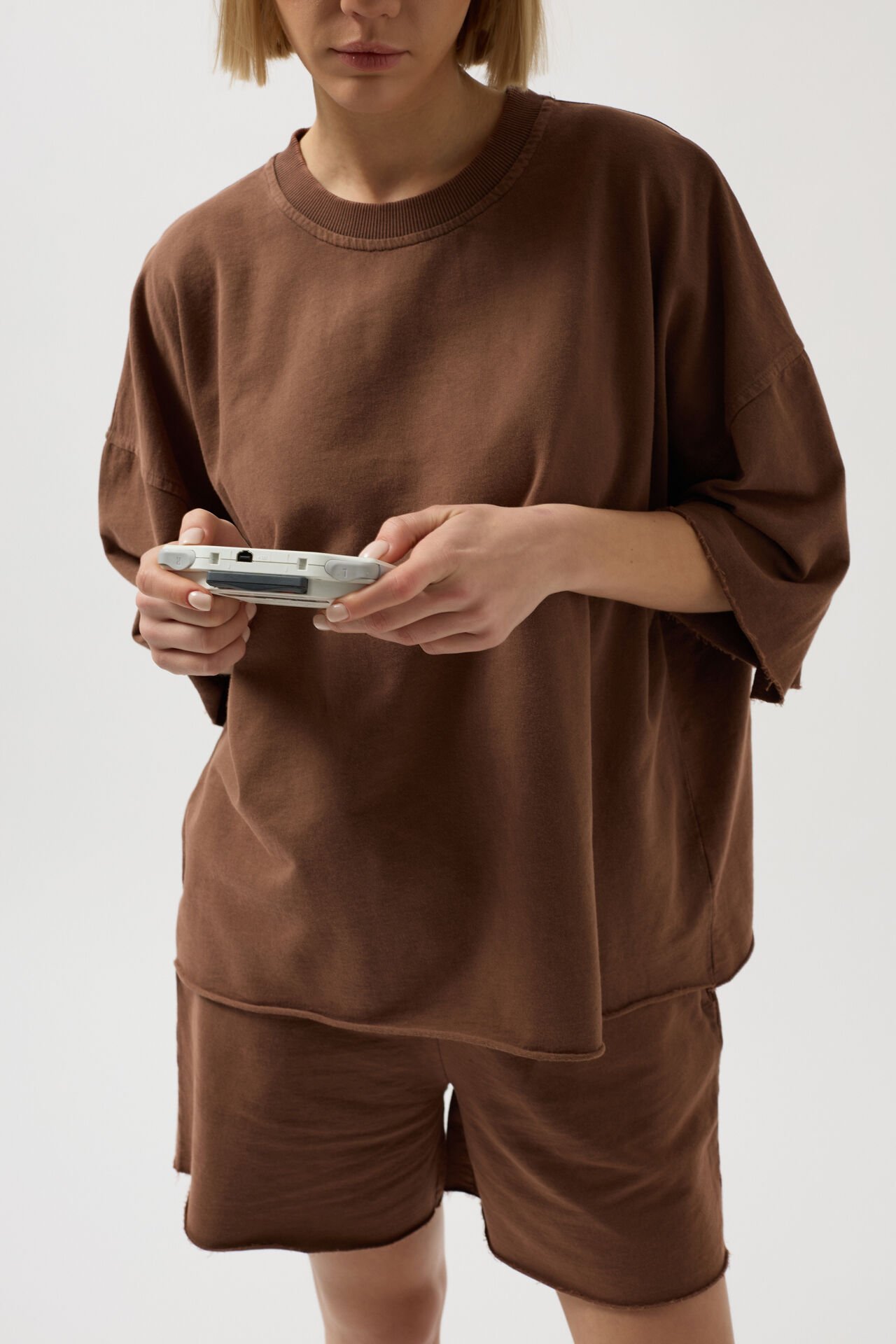 Toptan Oversize Lazer Kesim Bisiklet Yaka Kahverengi T-Shirt