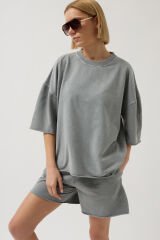 Toptan Oversize Lazer Kesim Bisiklet Yaka Gri T-Shirt