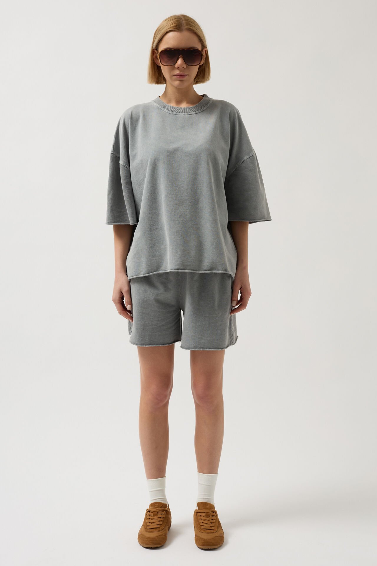 Toptan Oversize Lazer Kesim Bisiklet Yaka Gri T-Shirt