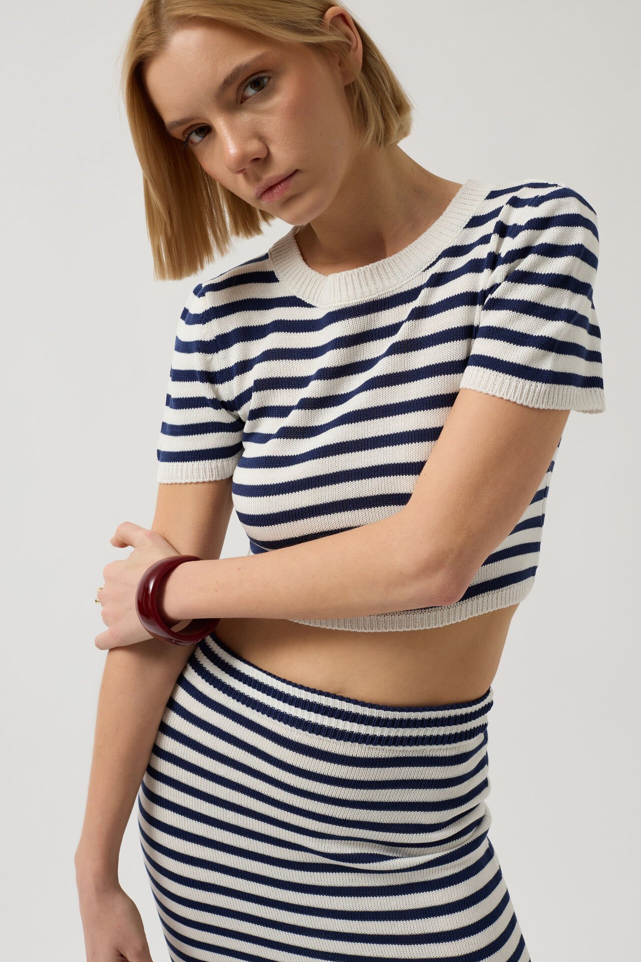 Wholesale Striped Crew Neck White Navy Blue Crop