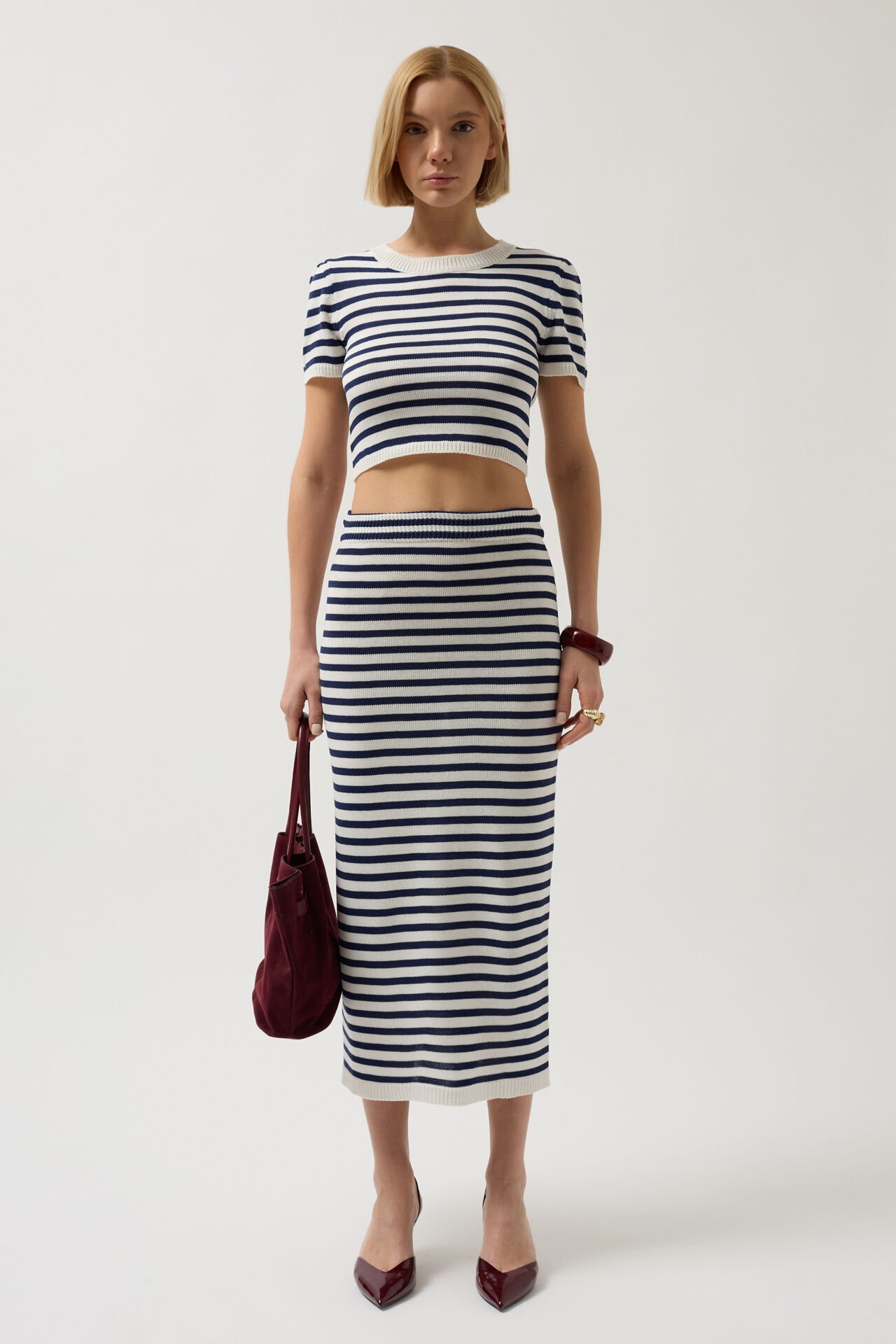 Wholesale Striped Crew Neck White Navy Blue Crop