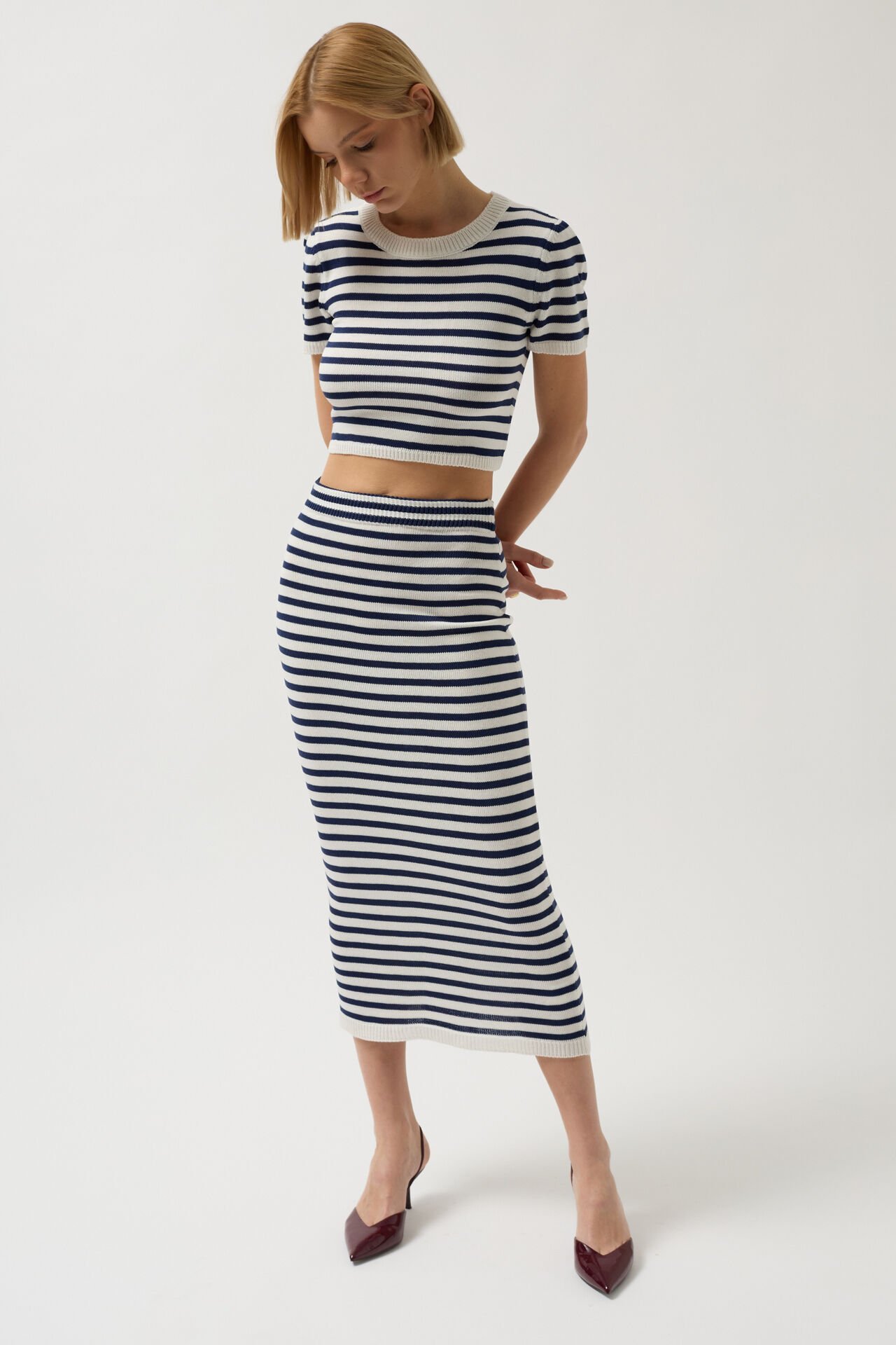 Wholesale Striped Crew Neck White Navy Blue Crop