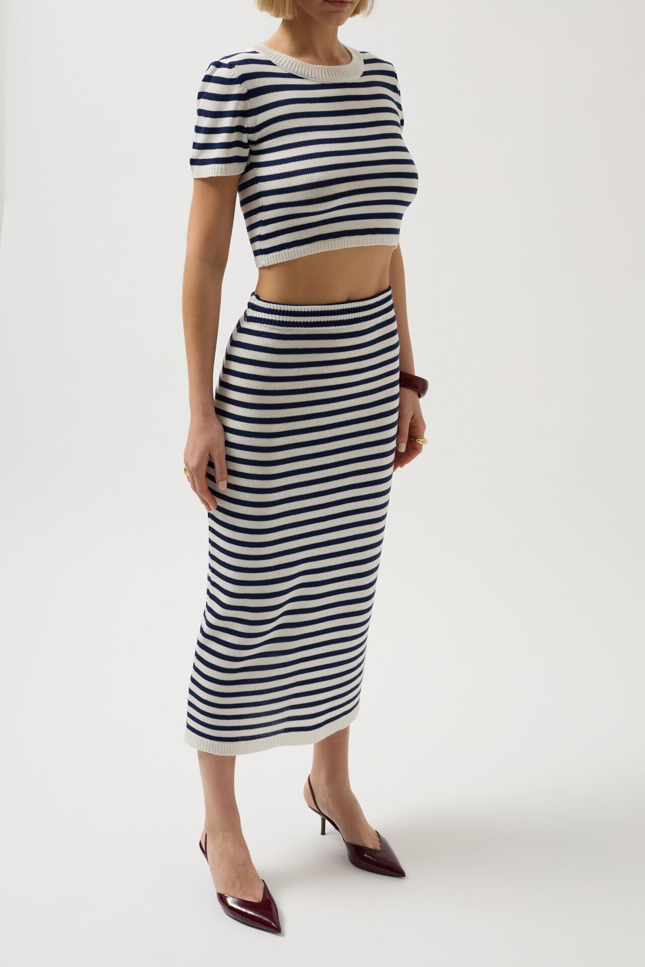 Wholesale Striped Crew Neck White Navy Blue Crop