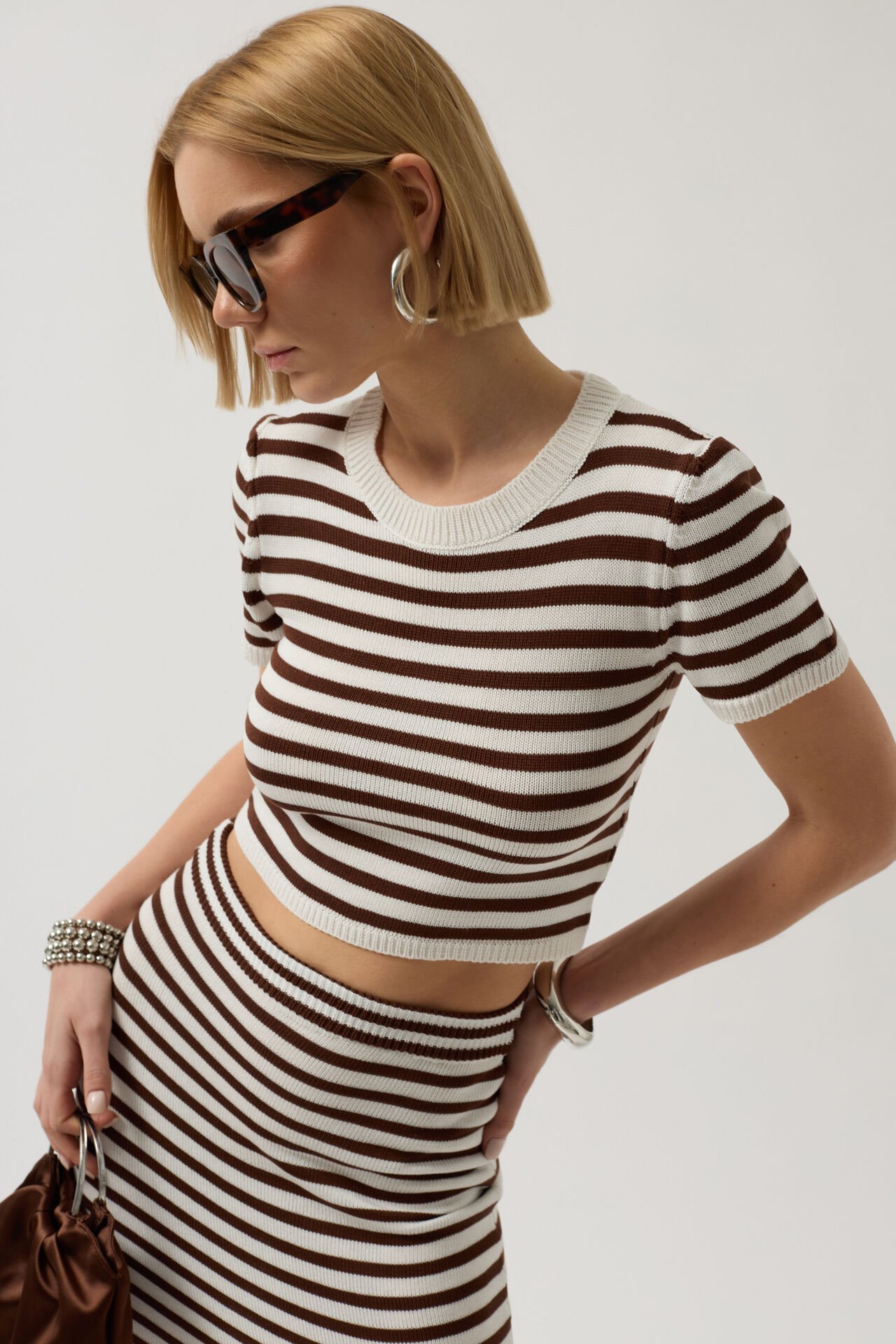 Wholesale Striped Crew Neck White Brown Crop