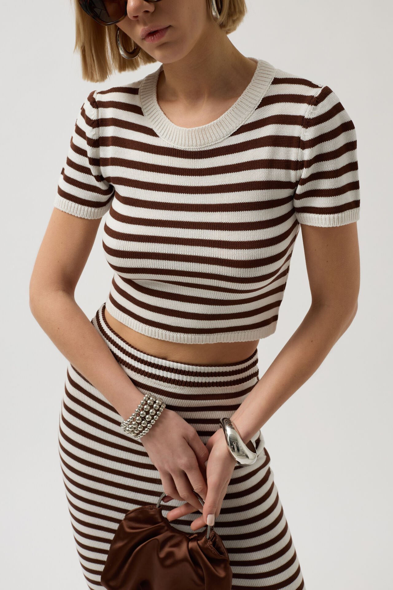 Wholesale Striped Crew Neck White Brown Crop
