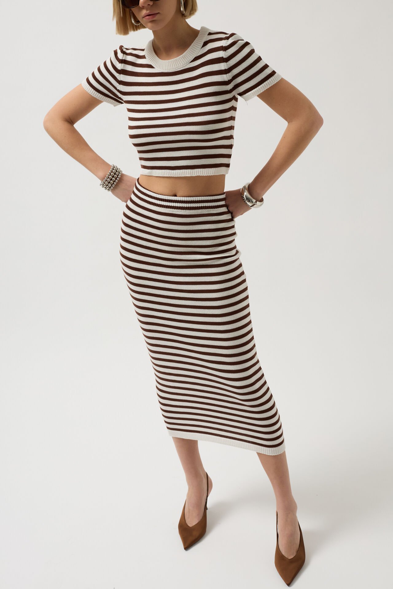 Wholesale Striped Crew Neck White Brown Crop