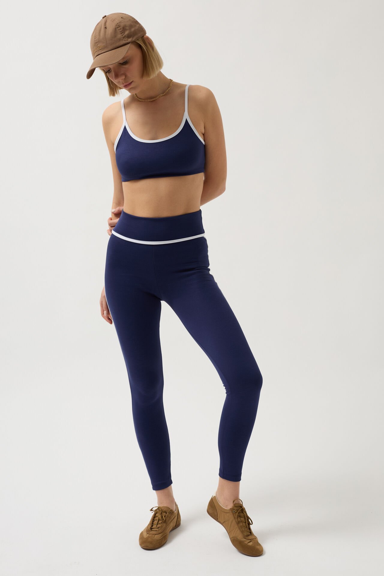 Wholesale High Waist Navy Blue Leggings with Piping Detail