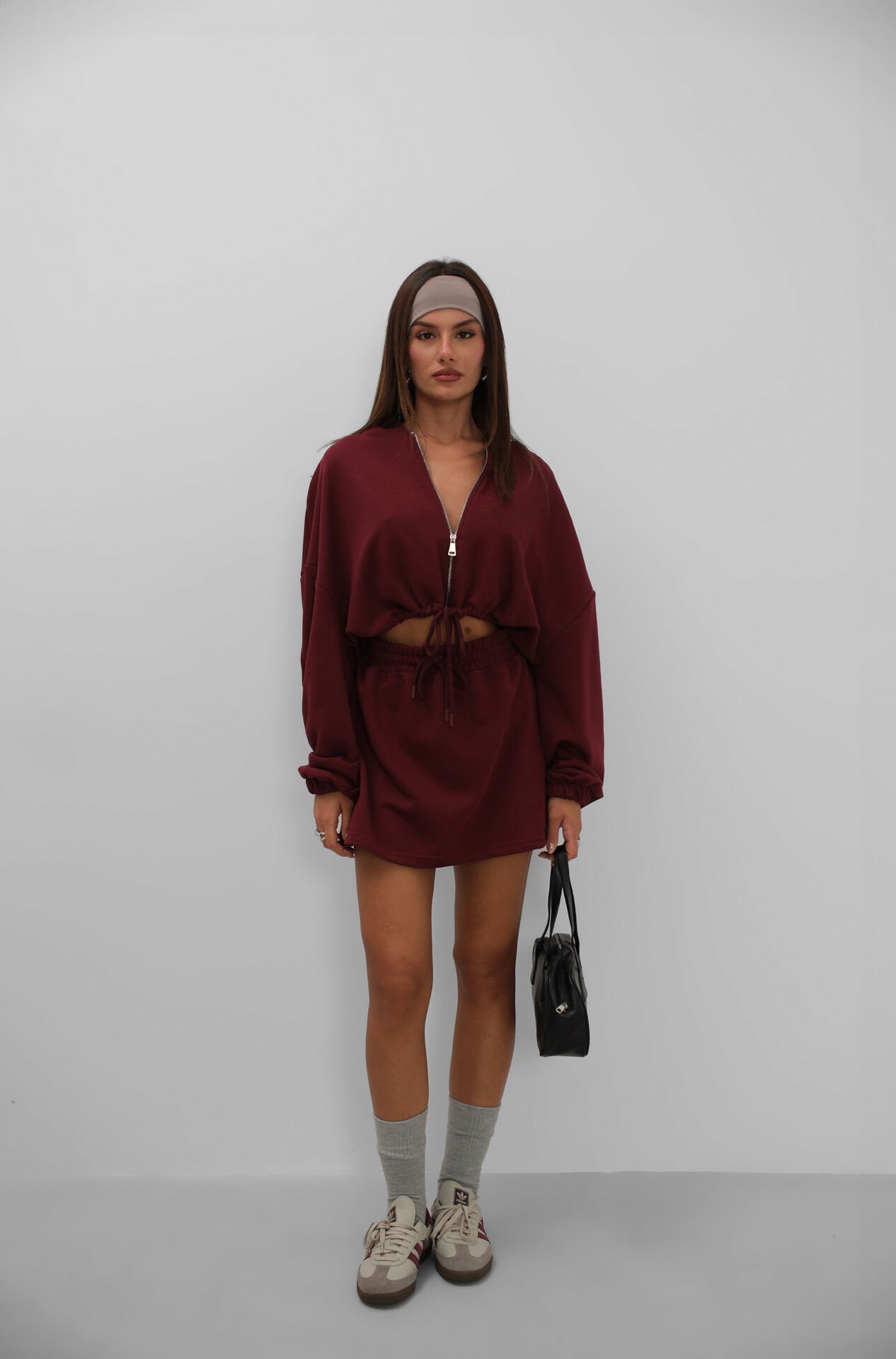 Toptan Beli Lastikli Fermuarlı Bordo Sweatshirt