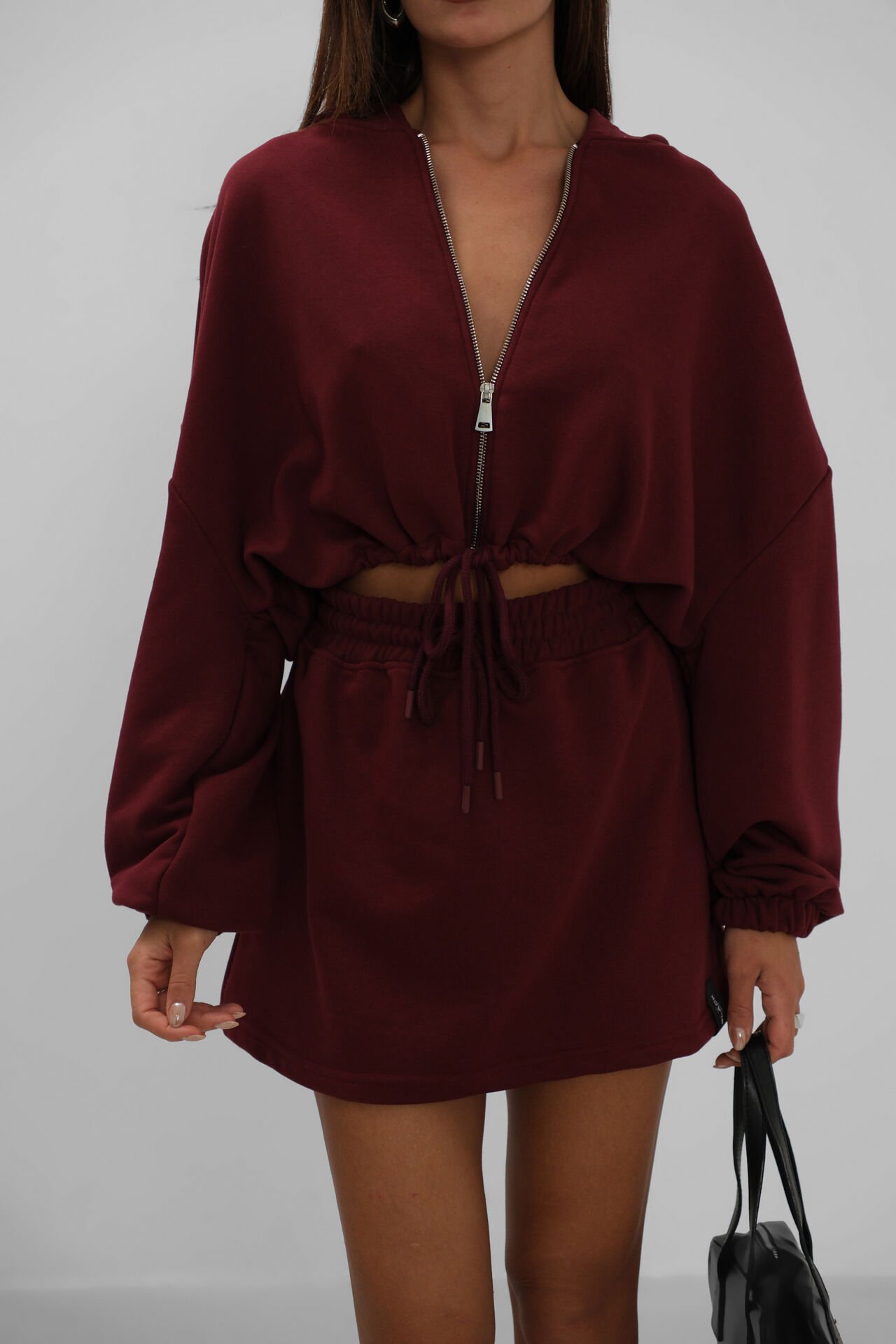 Wholesale Elastic Waist Zippered Burgundy Sweatshirt