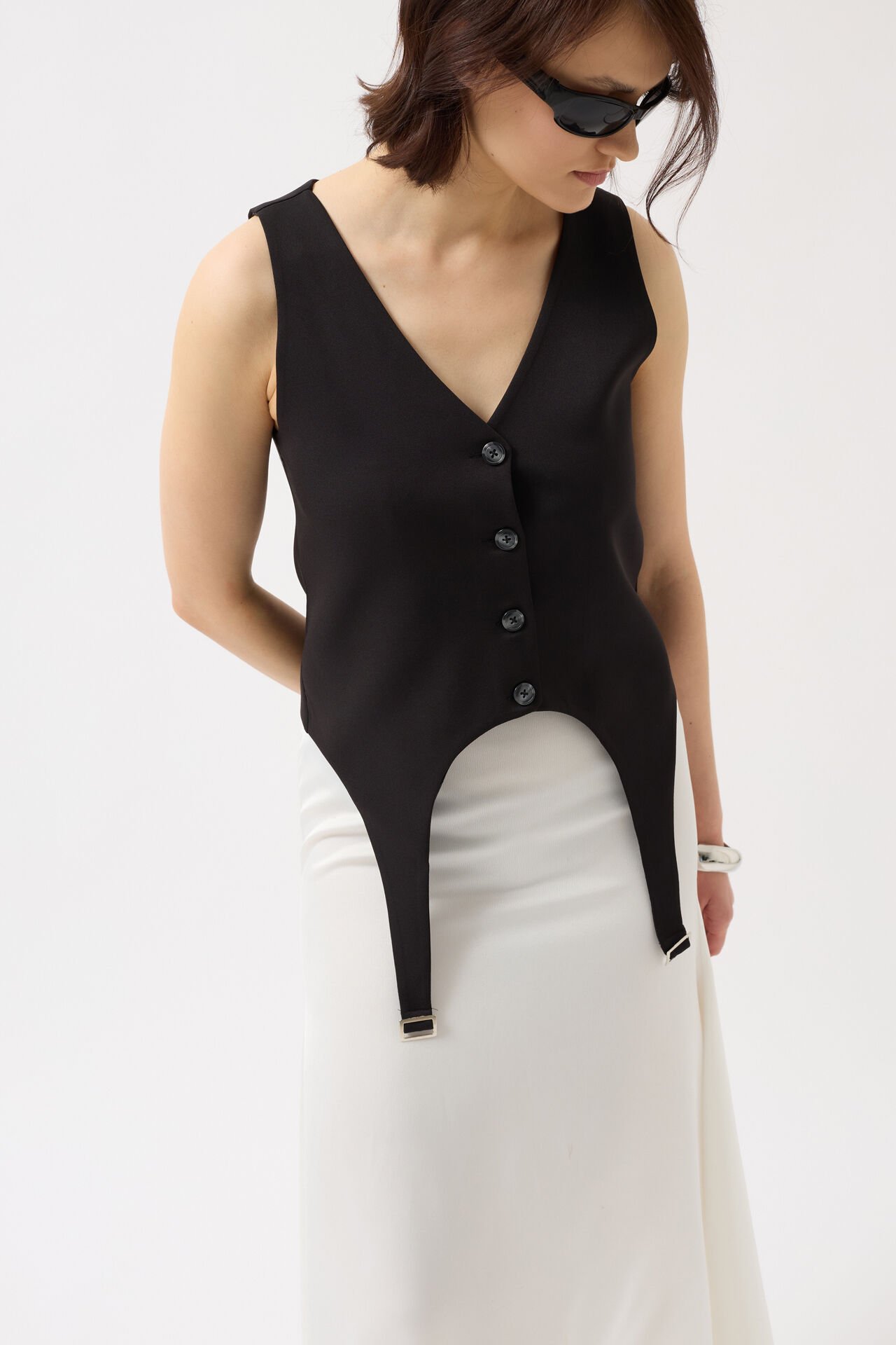 Wholesale Belt Detail V Neck Black Vest