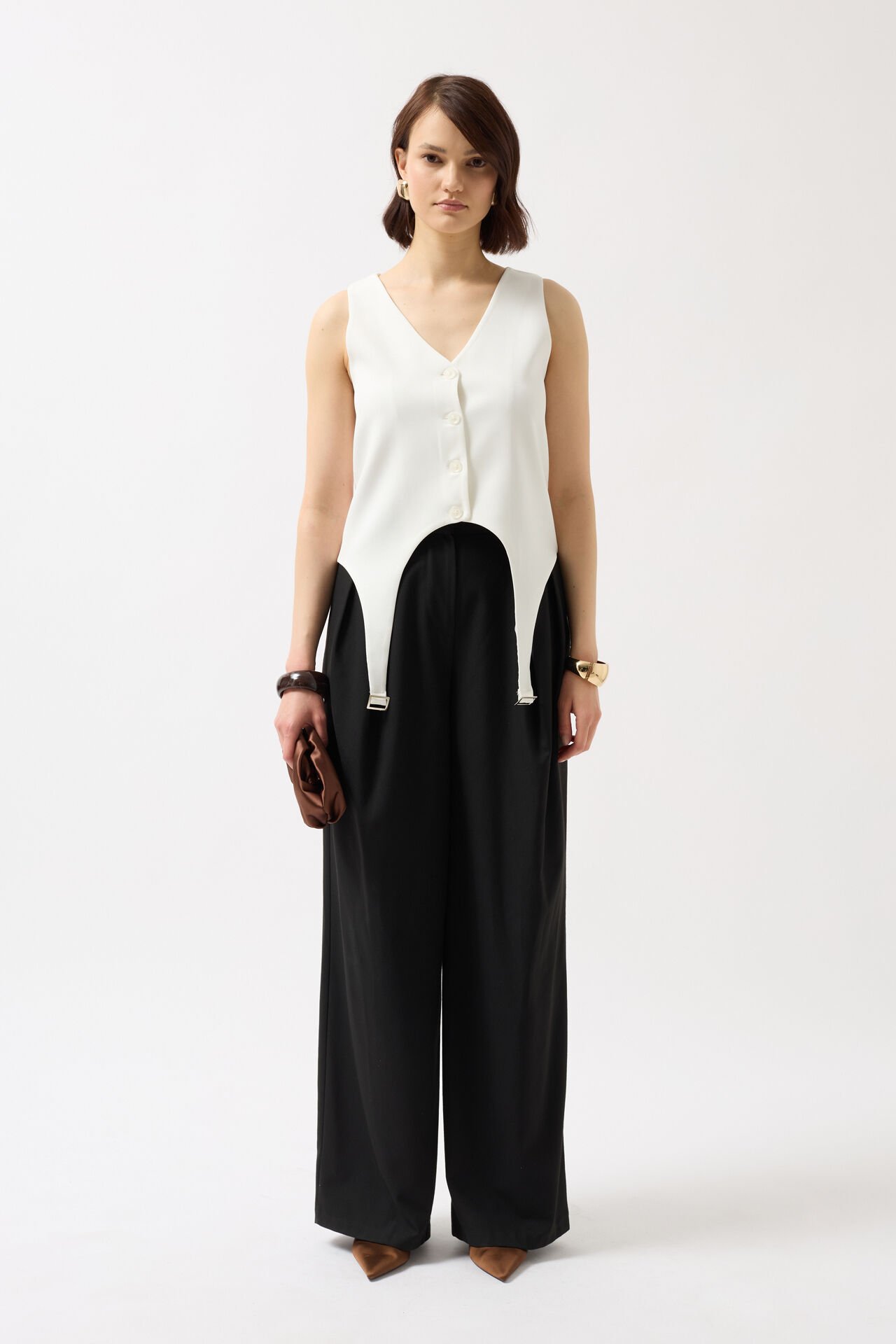 Wholesale Belt Detail V Neck White Vest