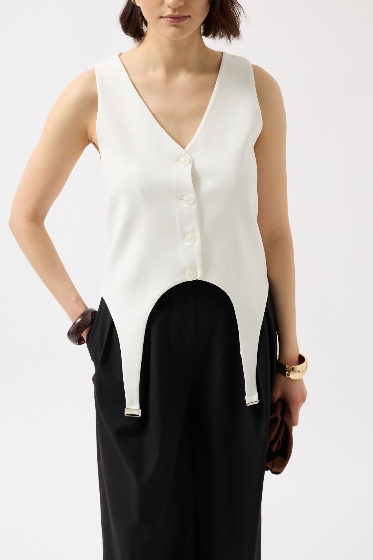 Wholesale Belt Detail V Neck White Vest