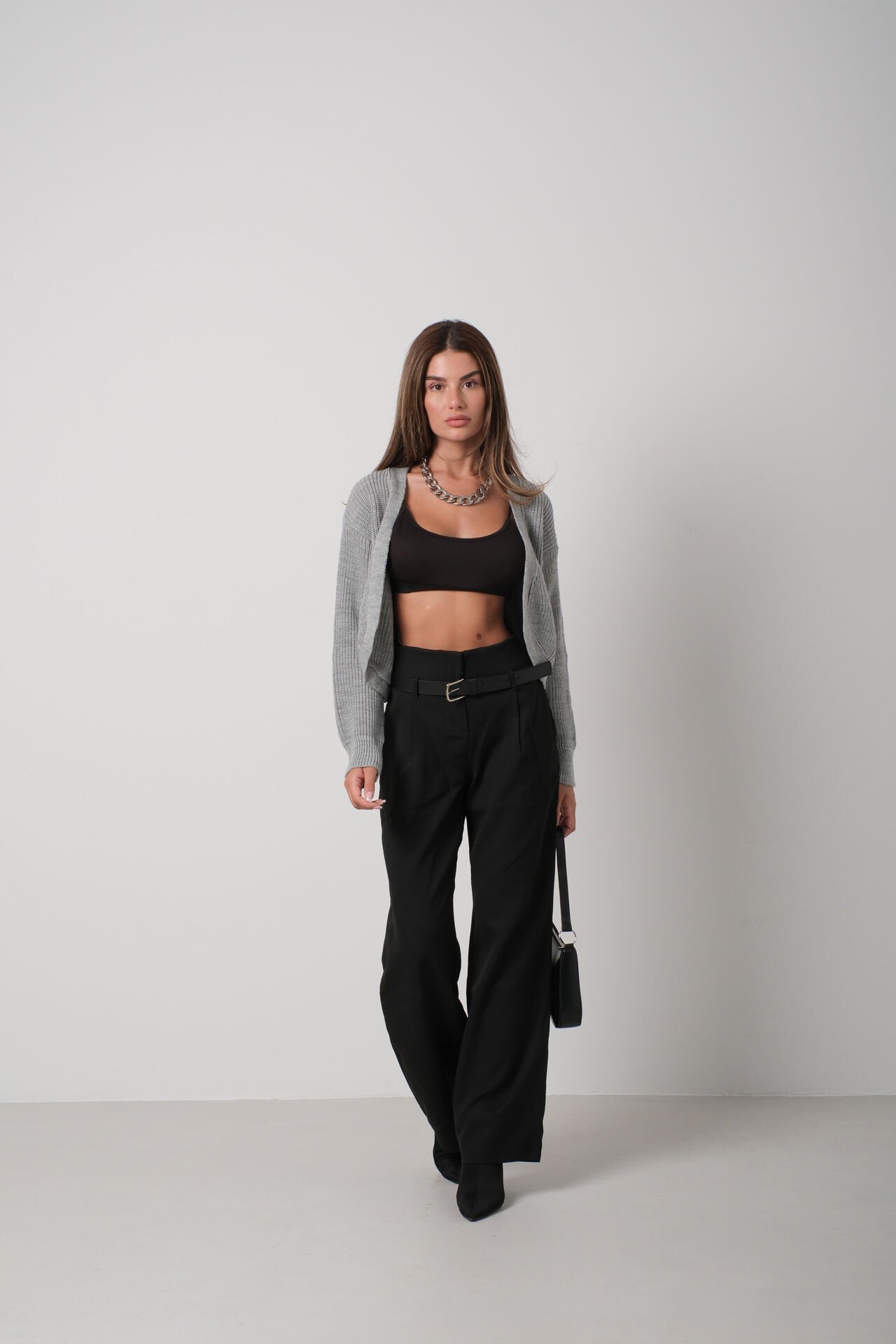 Toptan Biyeli Crop Gri Triko Hırka