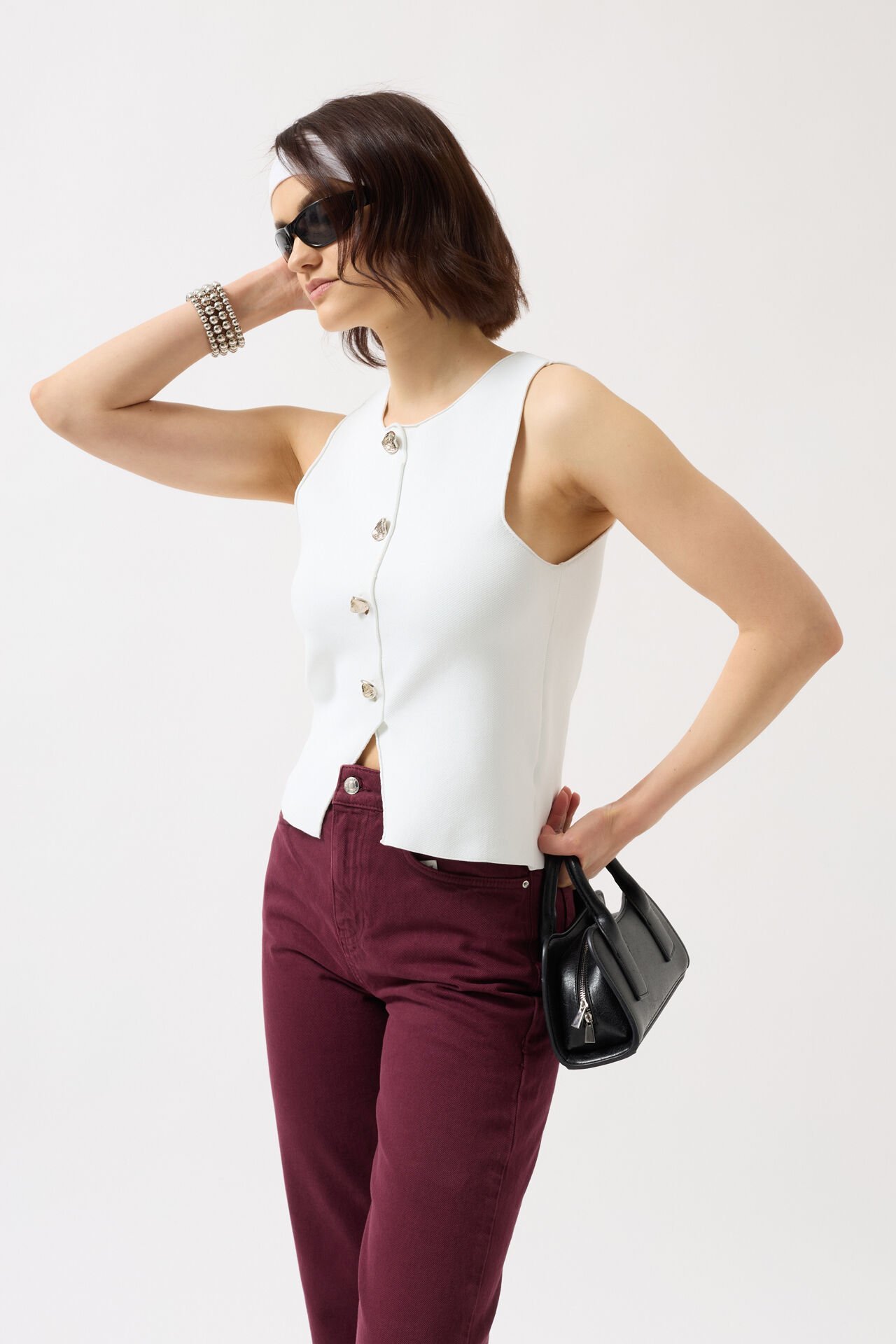 Wholesale Buttoned Textured White Vest