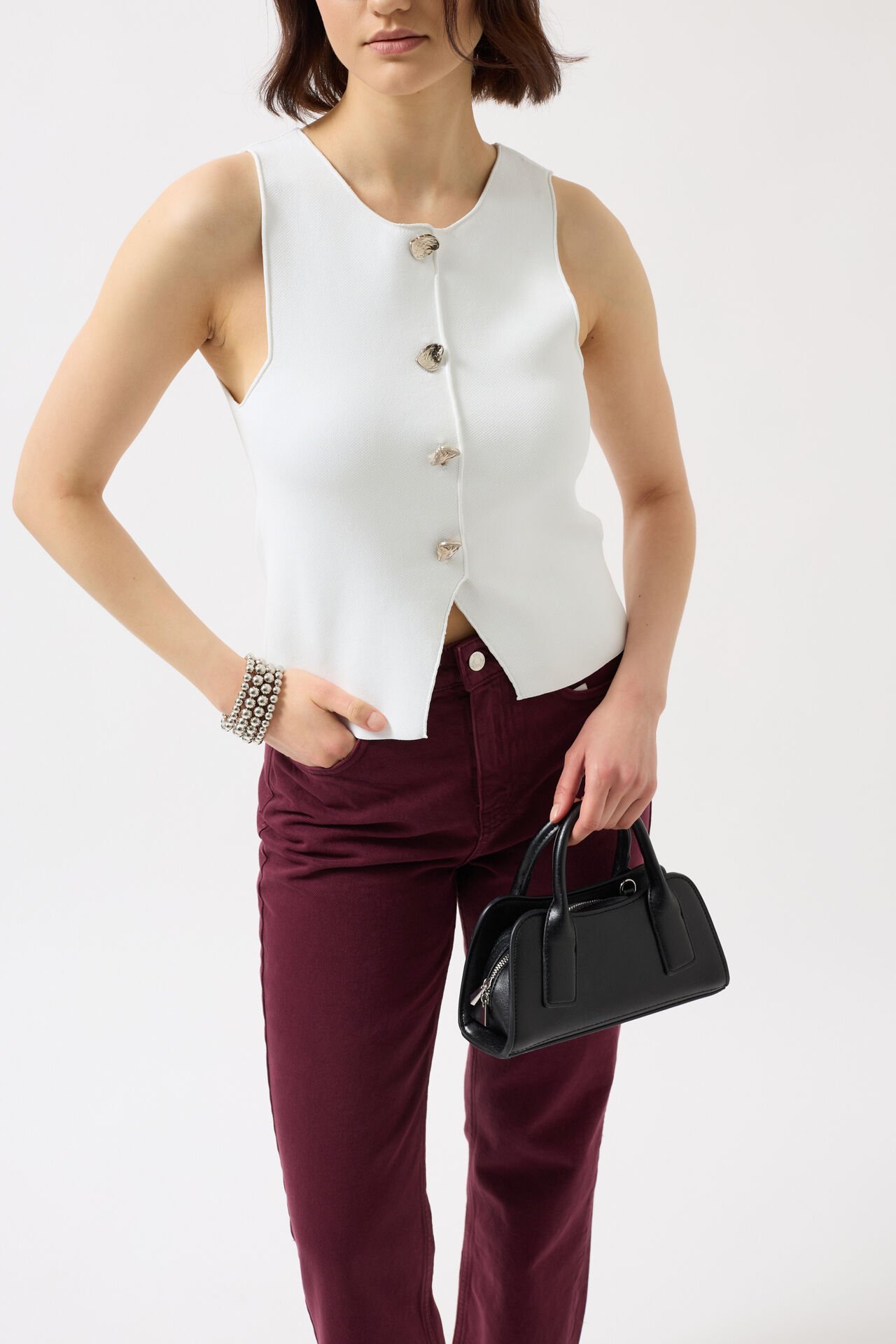 Wholesale Buttoned Textured White Vest