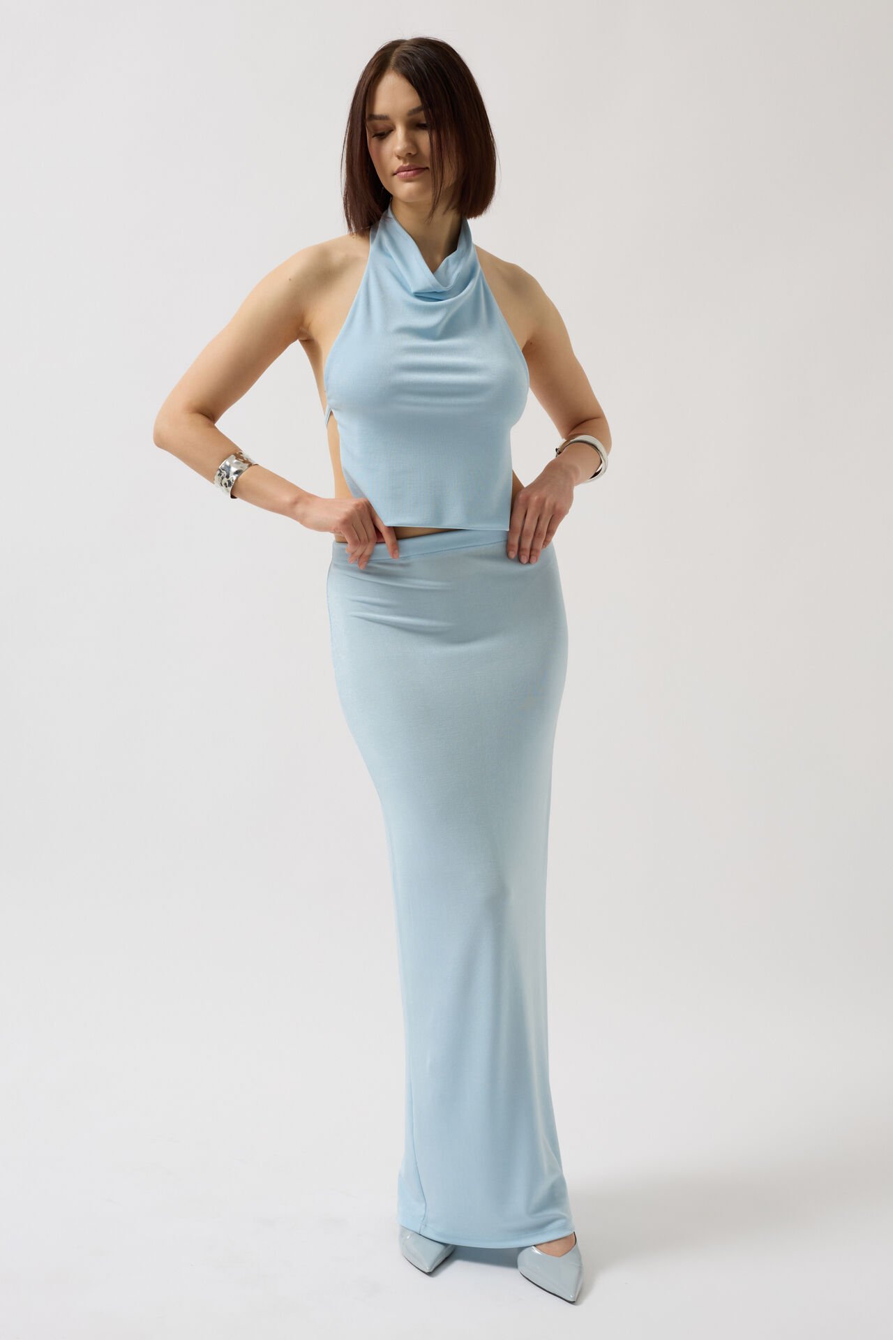 Toptan Yarım Balıkçı Sırt Dekolte Crop Bebe Mavi Bluz