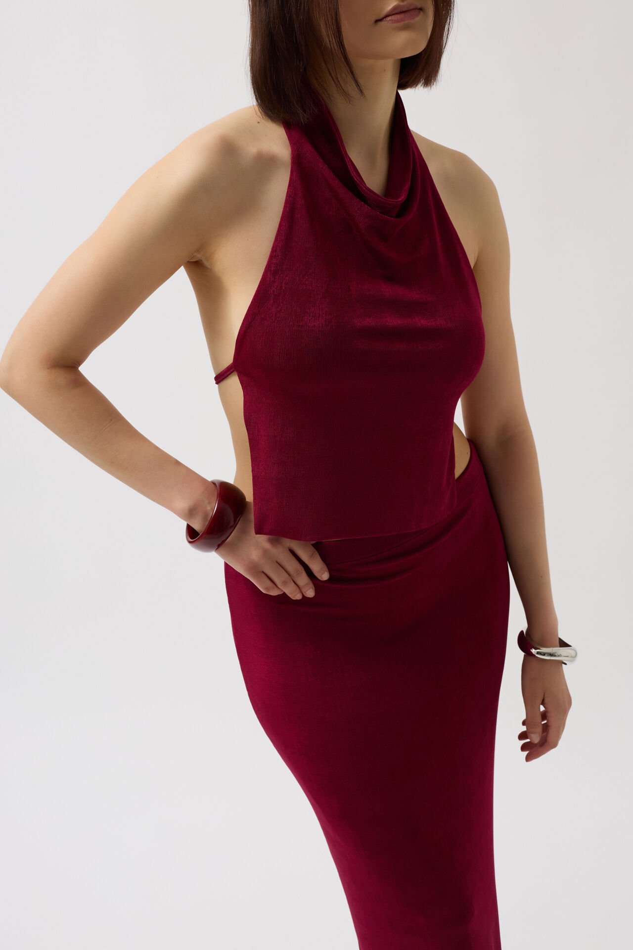 Toptan Yarım Balıkçı Sırt Dekolte Crop Bordo Bluz